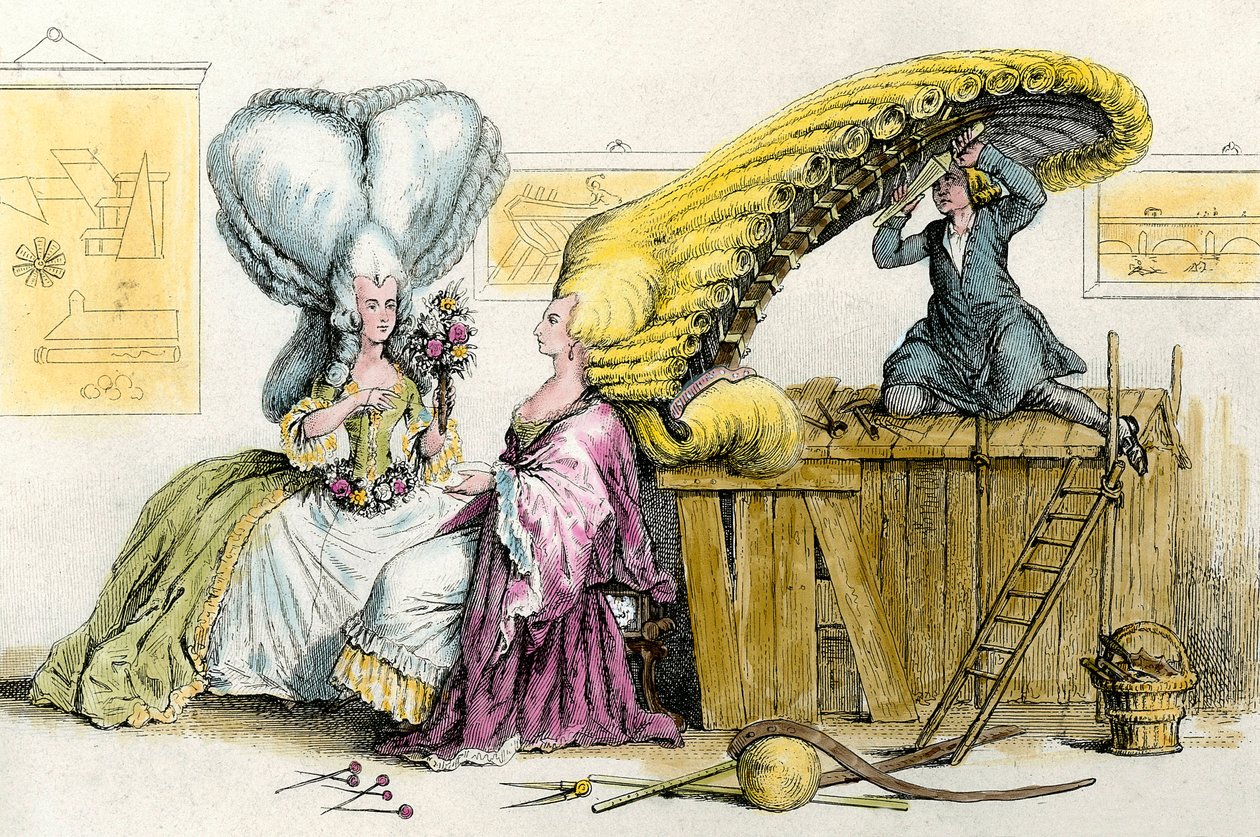Grandes penteados excêntricos: jovens mulheres da nobreza penteadas por uma peruca. Gravura de 1788 Private Collection de Anonymous Anonymous