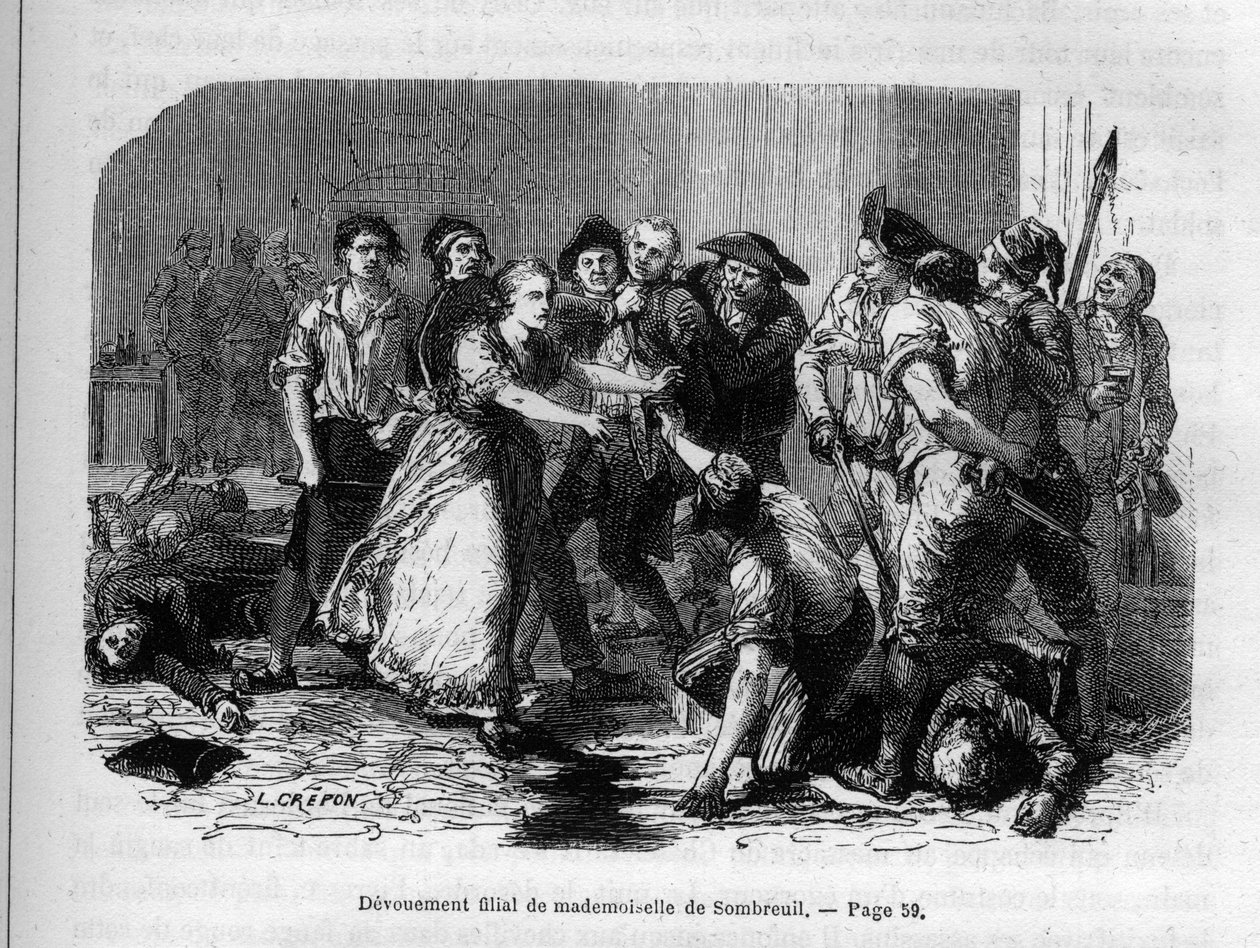 Le Devouement de Madame de Sombreuil - Melle (Mademoiselle) (Marie) de Sombreuil (1774-1823) heroína da revolução - Gravura em "Histoire des Girondins" de Alphonse de Lamartine (1790-1869) 1865-1866 Coleção Privada de Anonymous Anonymous