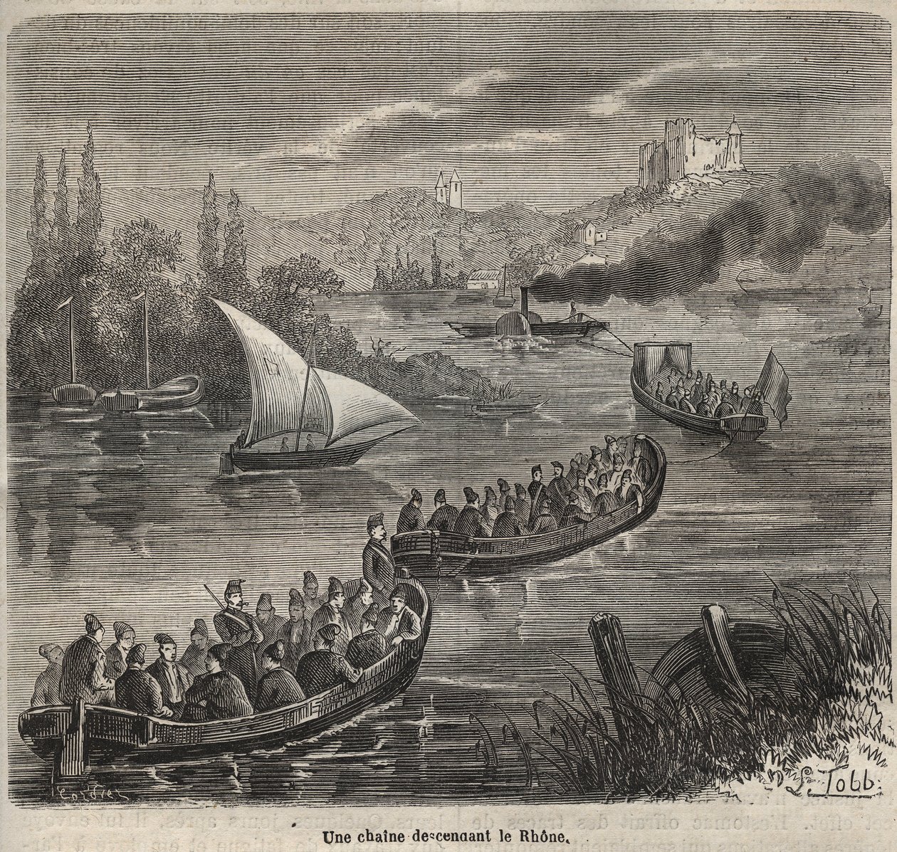 Le bagne de Toulon - une chaine descendant le Rhone - Engraving in "Histoire des bagnes depuis leur création à nos jours" (1877) por Pierre Zaccone (1817-1895) (Colonia Penale - colônia penal) de Anonymous Anonymous