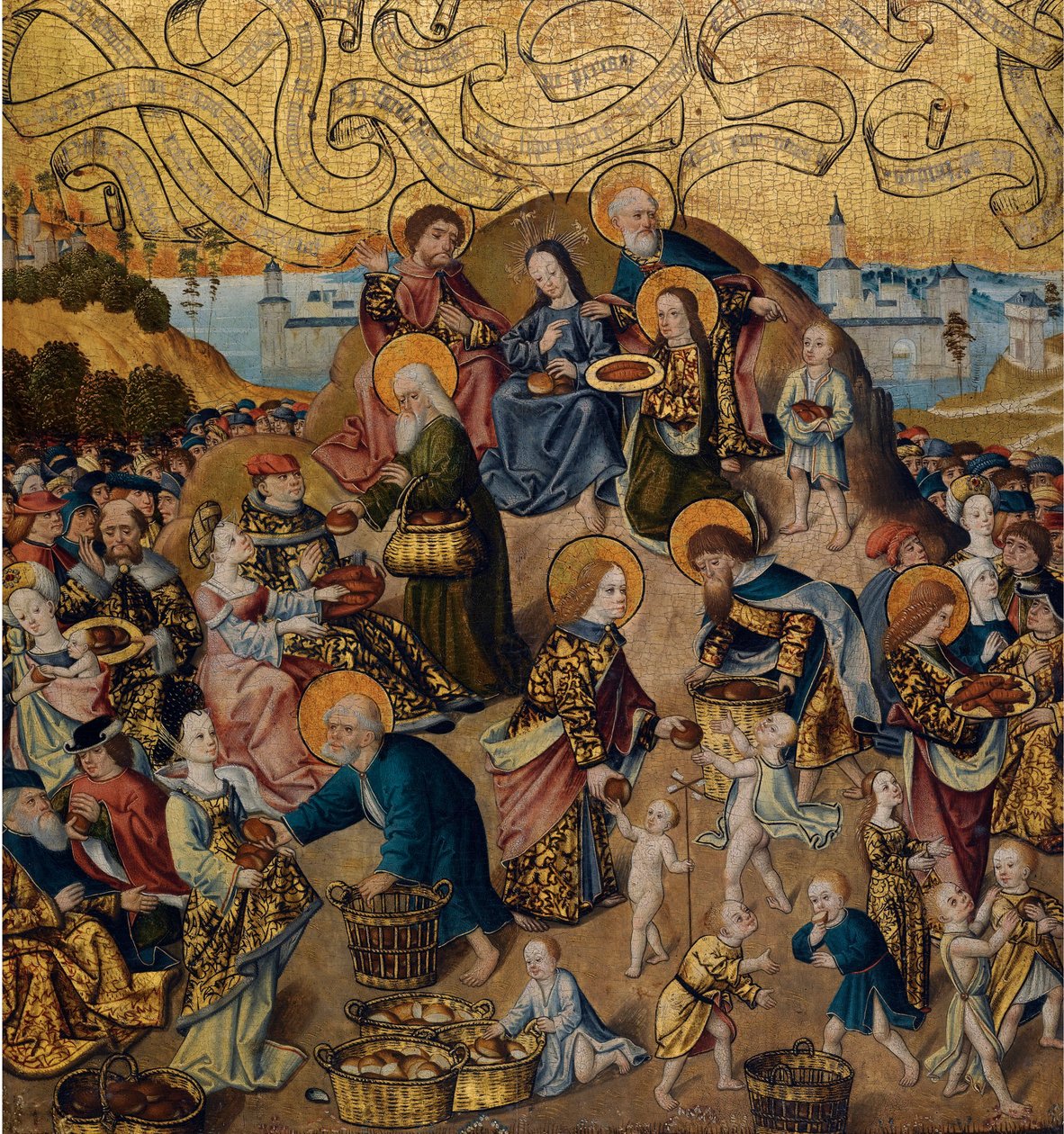 "The Miracle of the Five Loaves and Two Fishes by Anonymous c 1500 - Óleo sobre madeira, 68,9x62,7 - Coleção Privada de Anonymous Anonymous