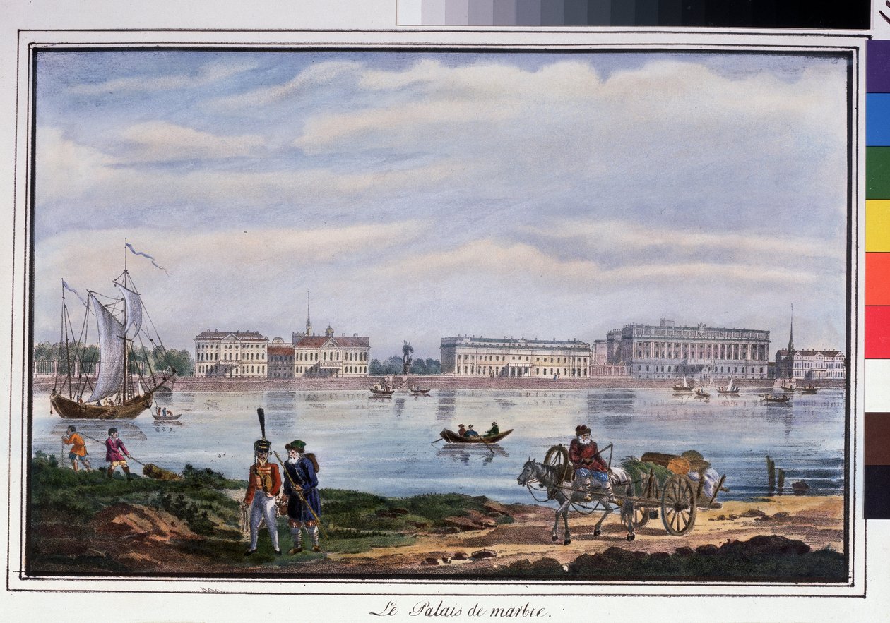 O Palácio de Mármore e o Aterro de Neva em São Petersburgo. Litografia anónima, colorida em aguarela, 22 x 32 cm de Anonymous Anonymous