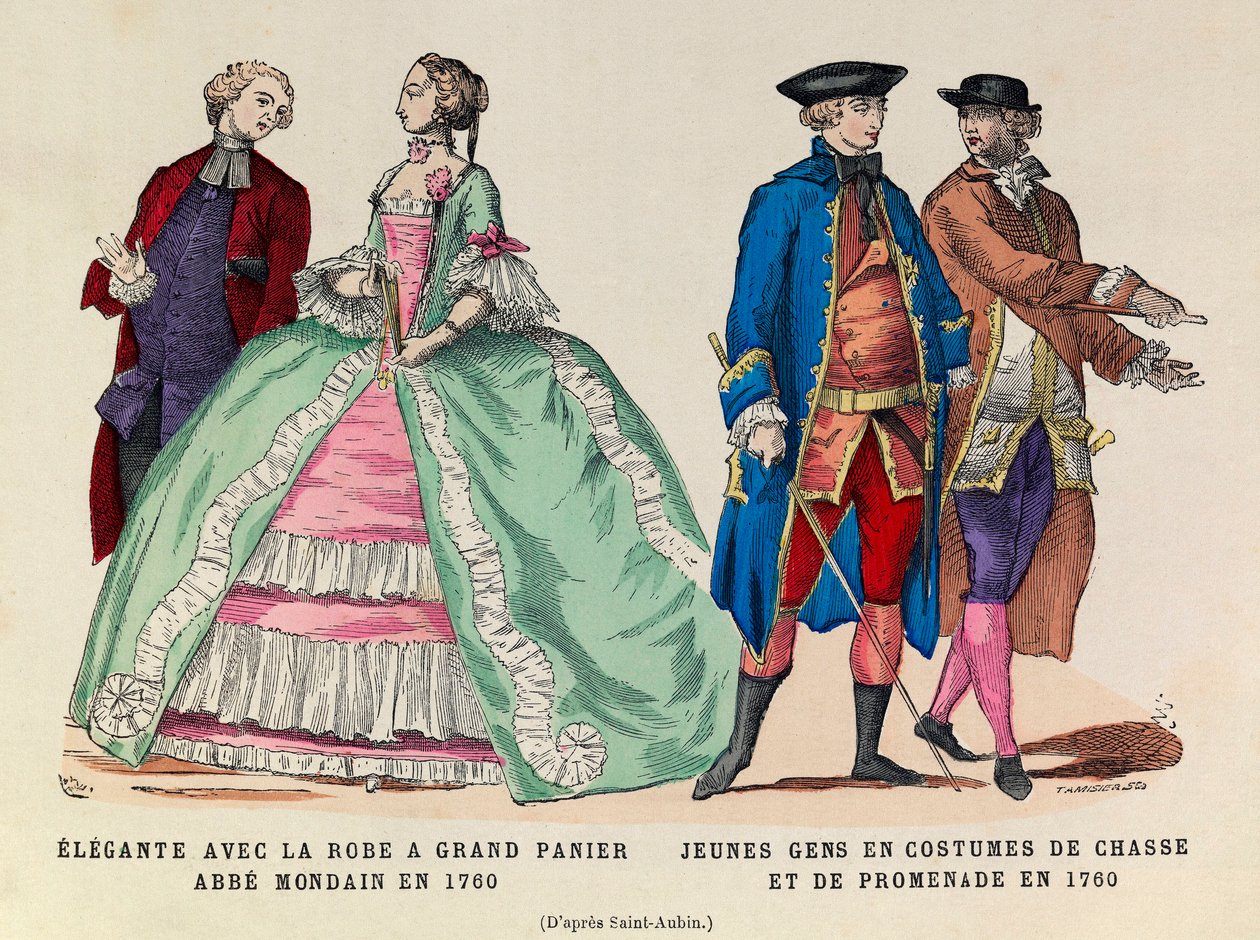 Esquerda: Elegante com um vestido de cesta grande, mondain abbe em 1760/direita: Jovens de caça e traje de passeio em 1760 (regne do rei Luís XV) - coleção particular de Anonymous Anonymous