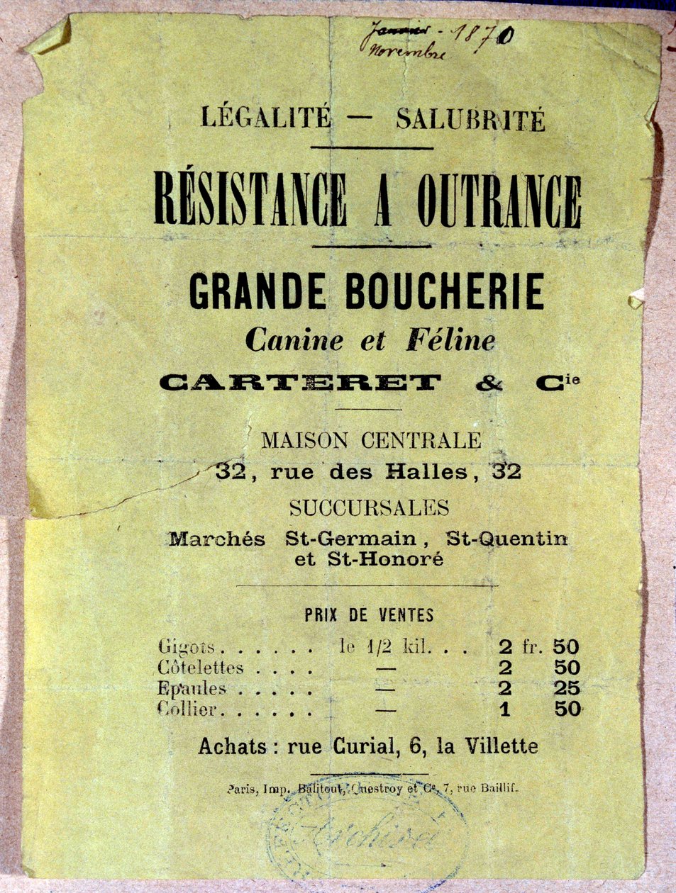 Legalite - Saneamento. Resistência ao Outrance. Grande carniceiro canino e felino... Cartaz mostrando o preço da carne de cão e de gato para os habitantes de Paris durante o cerco, durante a Comuna de 1870. de Anonymous Anonymous