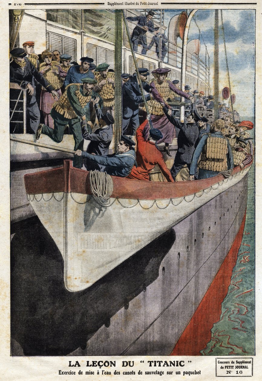 Exercício de barco salva-vidas a bordo de um transatlântico, após o afundamento do RMS Titanic, em 15 de Abril de 1912, Ilustração do jornal francês Le petit Journal, 2 de Junho de 1912 de Anonymous Anonymous