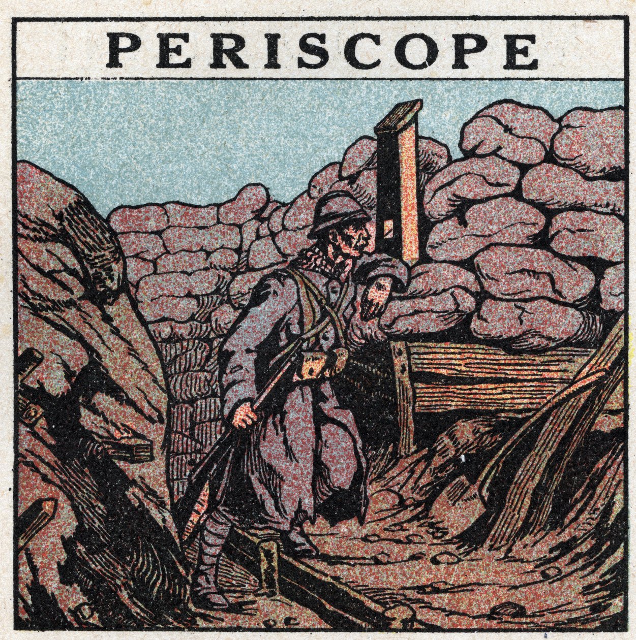 Reflexão luminosa: periscópio usado numa trincheira por um Cabeludo durante a Primeira Guerra Mundial (1914-1918). Ilustração anônima de 1925. Coleção particular. de Anonymous Anonymous