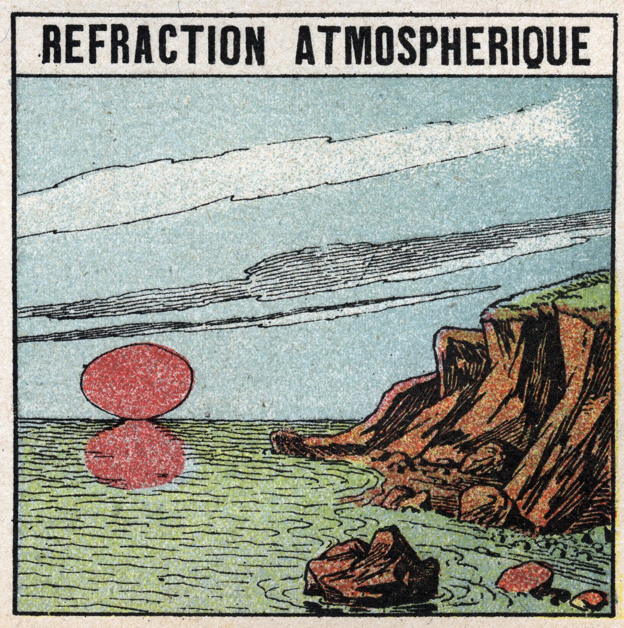 Refracção da luz: A refracção atmosférica dá a ilusão de que o sol é maior ao nascer ou ao pôr-do-sol do que ao zénite. Ilustração anônima de 1925. Coleção particular. de Anonymous Anonymous
