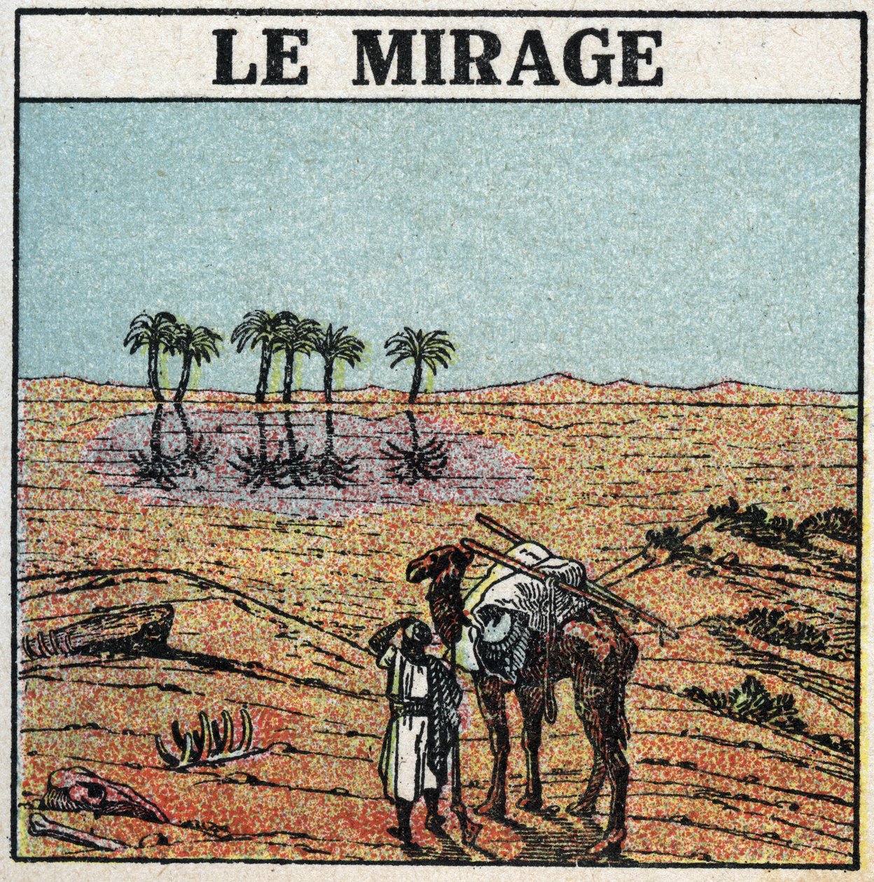 Refracção da luz: miragem. A refracção atmosférica dá a ilusão de um oásis a aparecer num deserto. Ilustração anónima de 1925. Coleção privada. de Anonymous Anonymous