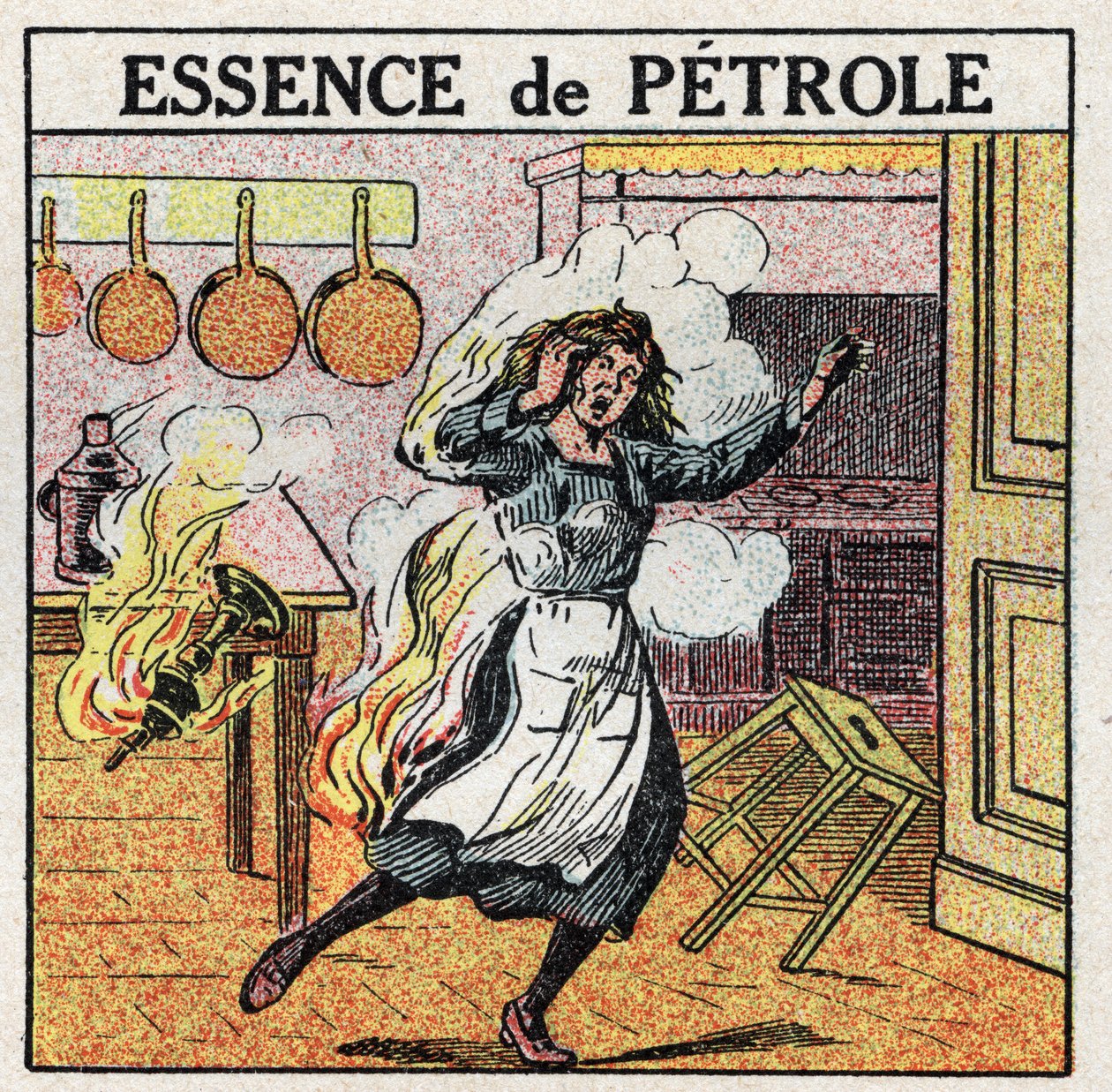 Fontes de luz: uma mulher pegou fogo enquanto manipulava uma lâmpada usando gasolina de petróleo. Ilustração anónima de 1925. Coleção privada. de Anonymous Anonymous