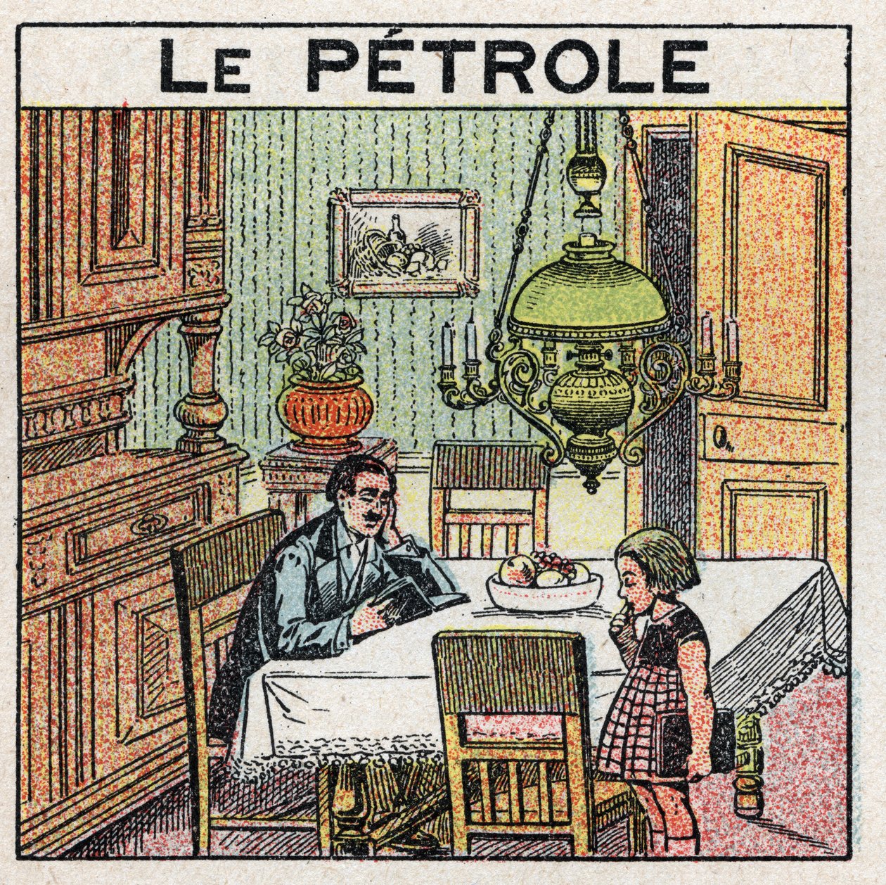 Fontes de luz: utilização da lâmpada de petróleo. Ilustração anónima a partir de 1925. Colecção privada. de Anonymous Anonymous