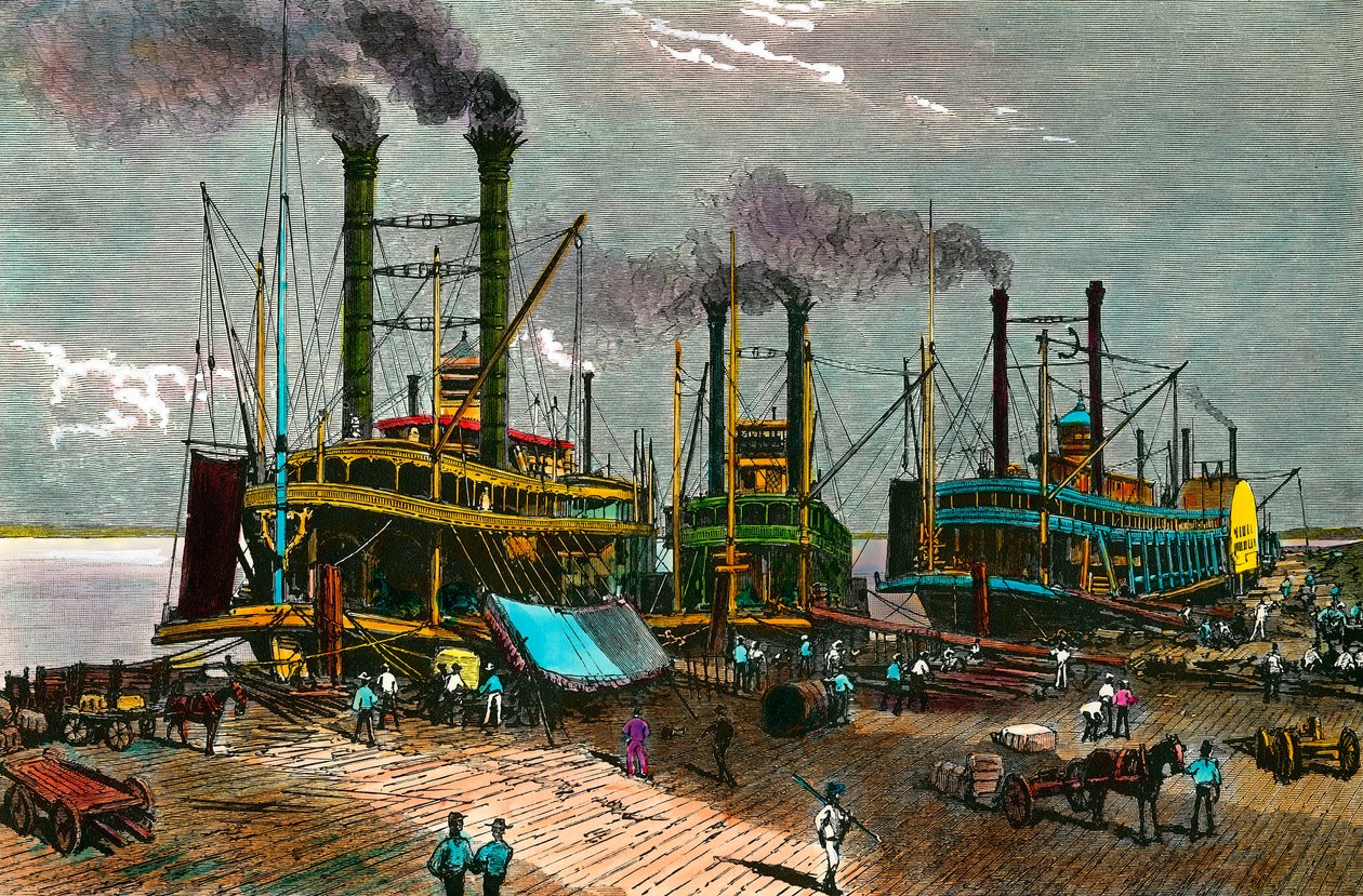 Carregamento de algodão em barcos a vapor no Mississippi para Nova Orleans (Nova Orleans). Gravura do século XIX. Colecção privada de Anonymous Anonymous