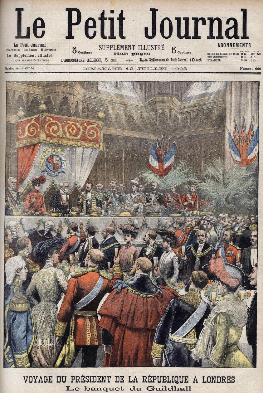 Londres, Grã-Bretanha. A viagem do Presidente Loubet. Recepção no Guildhall por Sir Marcus Samuel. Le Petit Journal, julho de 1903 (gravura) de Anonymous Anonymous