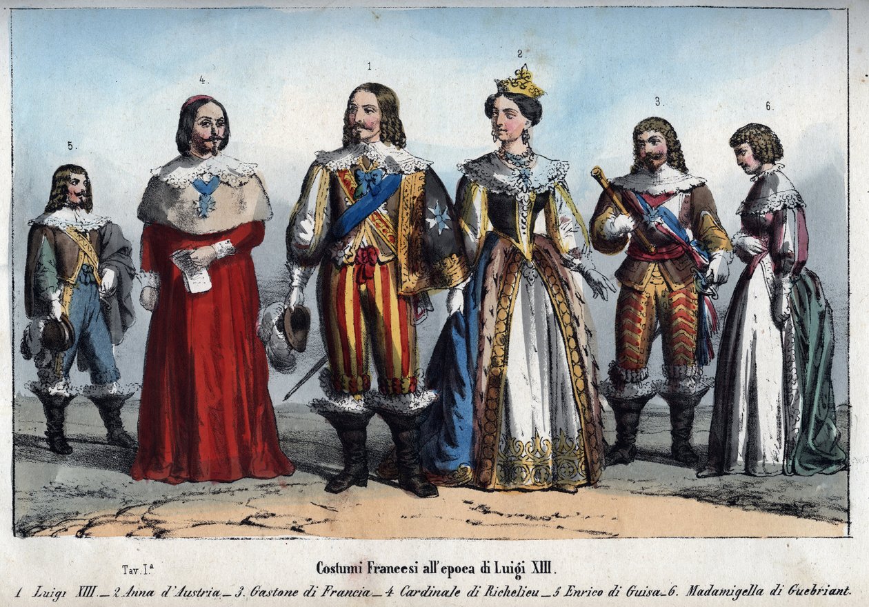 Luís XIII - Ana da Áustria (1601-1666) (Ana da Áustria) - Gaston da França (Gaston, Duque de Orleans) - Armand Jean du Plessis, Cardeal de Richelieu - Henri II de Guise (Henrique II, Duque de Guise) - Anne-Marie Budes de Guebriant - gravura de "Usi e de Anonymous Anonymous