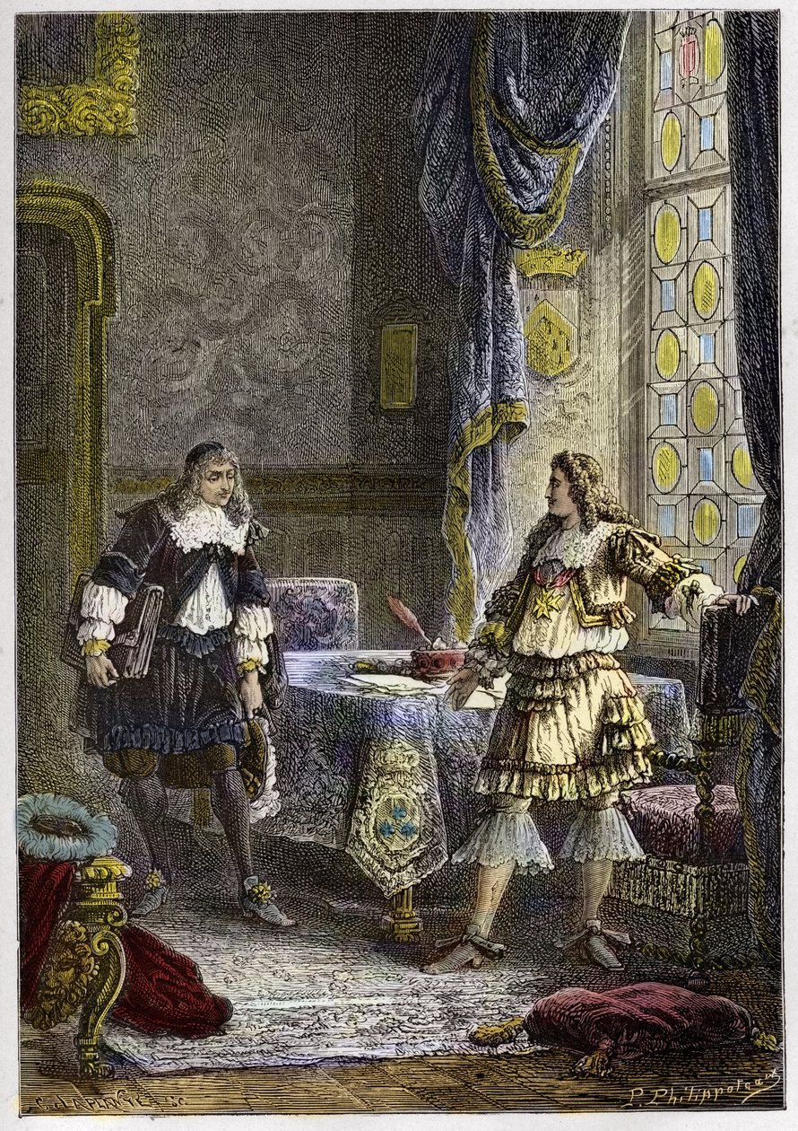 Luís XIV congedie Nicolas Fouquet - Luís XIV demitindo o Superintendente de Finanças, Nicolas Fouquet - gravura de "L