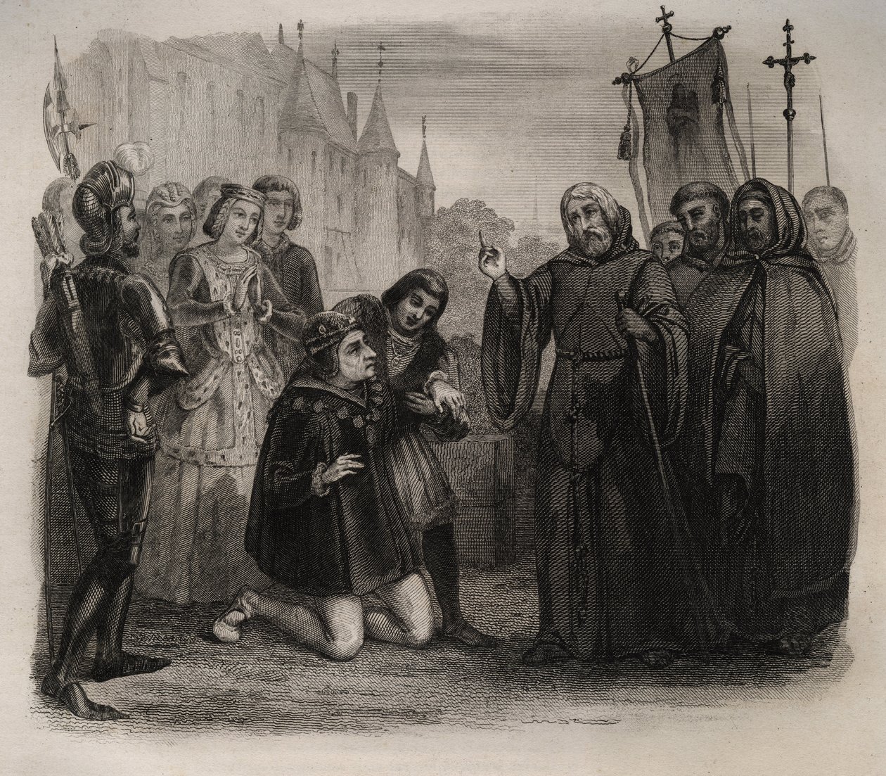 Luís XI (1423-1483) pedindo sua guerrilha a François de Paule (1416-1507) Gravura de 1846 em "Vidas dos Santos". Coleção privada. de Anonymous Anonymous