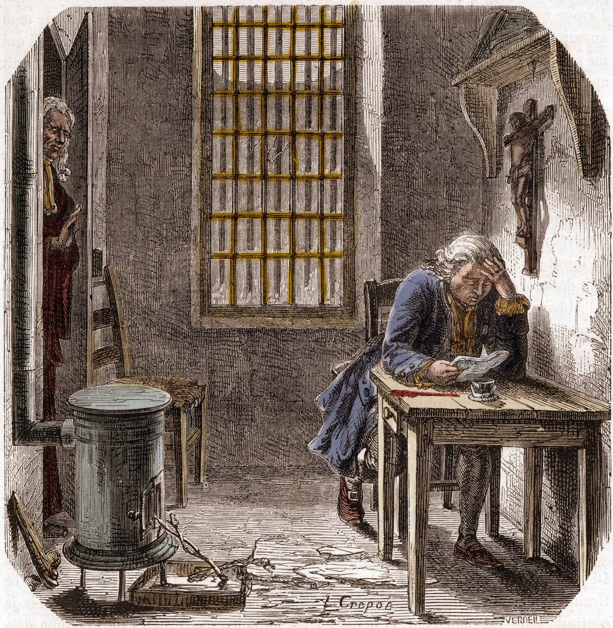 Luís XVI (1754-93) Lendo seu último testamento no Templo 1792 - Luís XVI lendo seu testamento na torre do Templo em 25 de dezembro de 1792 - Gravura no "Histoire des Girondins" de Alphonse de Lamartine (1790-1869) 1865-1866 - Coleção particular de Anonymous Anonymous