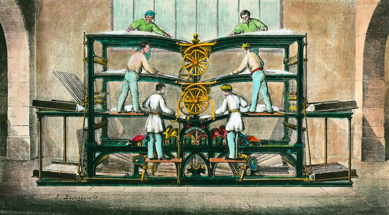 Máquina para imprimir o pequeno jornal" inventada por Hippolyte-Auguste Marinoni (1823-1904)" Ele inventou uma impressora rotativa em 1866. Gravação a partir de 1868. Coleção privada de Anonymous Anonymous