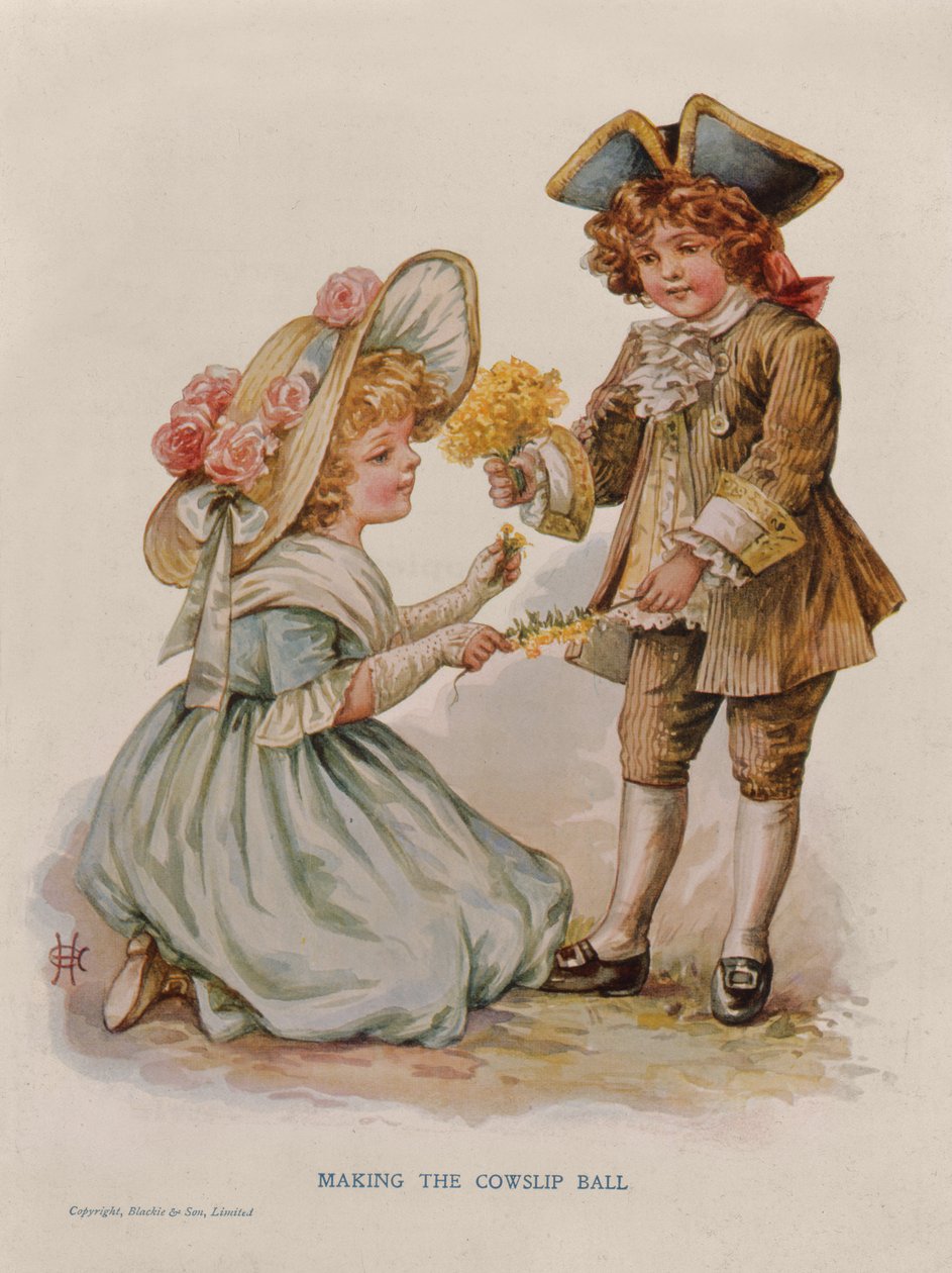 Fazendo o Cowslip Ball, ilustração de livro, início do século 20 (litografia a cores) de Anonymous Anonymous
