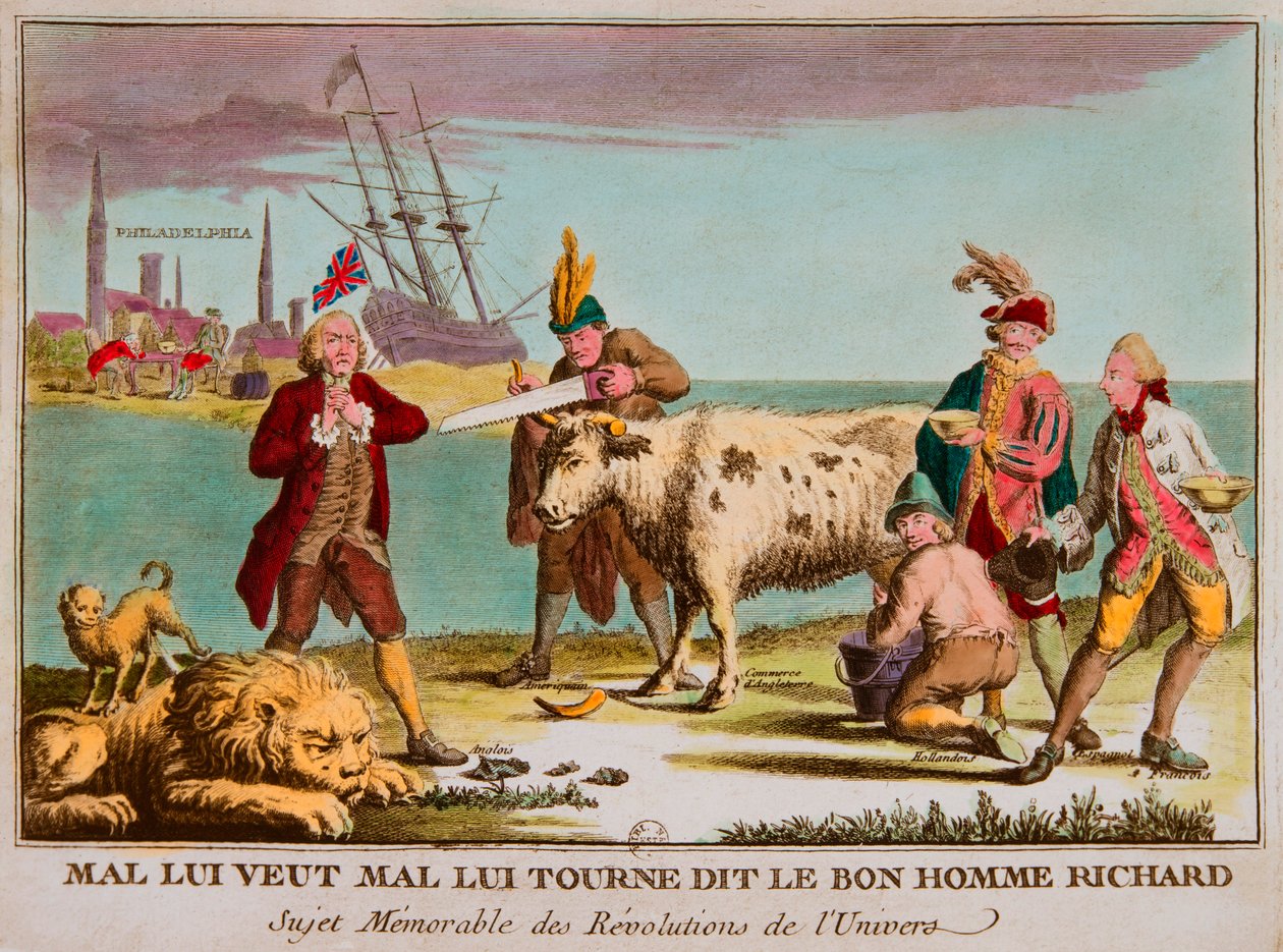 Mal o quer errado, disse o bom homem Richard, o sujeito memorável das revoluções do universo. Cartoon contra a Inglaterra. 1780, Coleção Privee (comércio britânico como uma vaca leiteira. As imagens incluem: Grã-Bretanha como um leão adormecido; Congresso  de Anonymous Anonymous