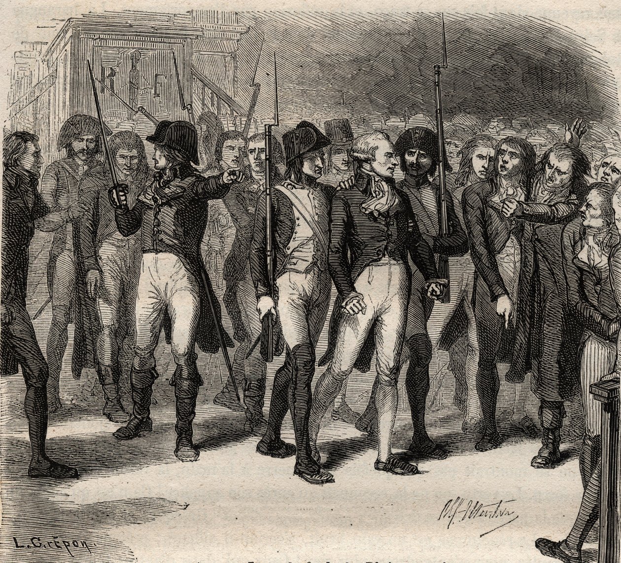 Maximilien Robespierre e seus co-acusados presos na convenção em 1794 - Maximilien Robespierre et ses Co-accuses arretes à la convention en 1794 - - Gravação em "Histoire des Girondins" de Alphonse de Lamartine (1790-1869) 1865-1866. Colle privado de Anonymous Anonymous