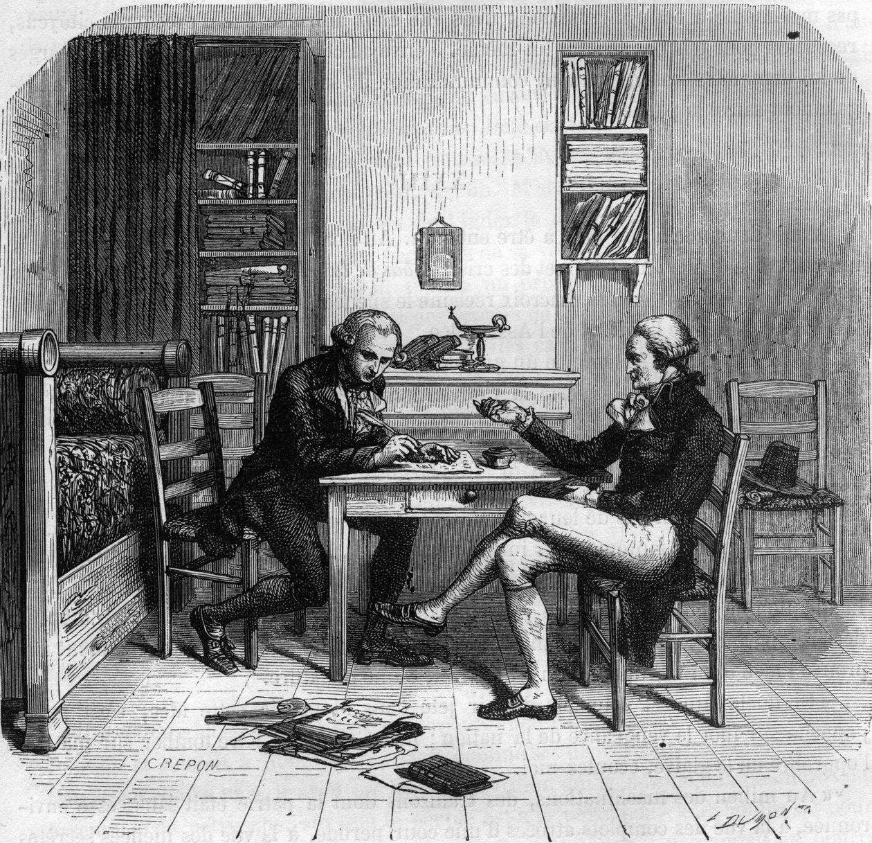 Maximilien de Robespierre 1758-1794, político francês, membro do Comité de Segurança Pública com Maurice Duplay no seu quarto - Chambre de Maximilien de Robespierre chez Maurice Duplay (1736-1820) rue Saint-Honore a Paris - Gravação em "Histoire des Gi de Anonymous Anonymous