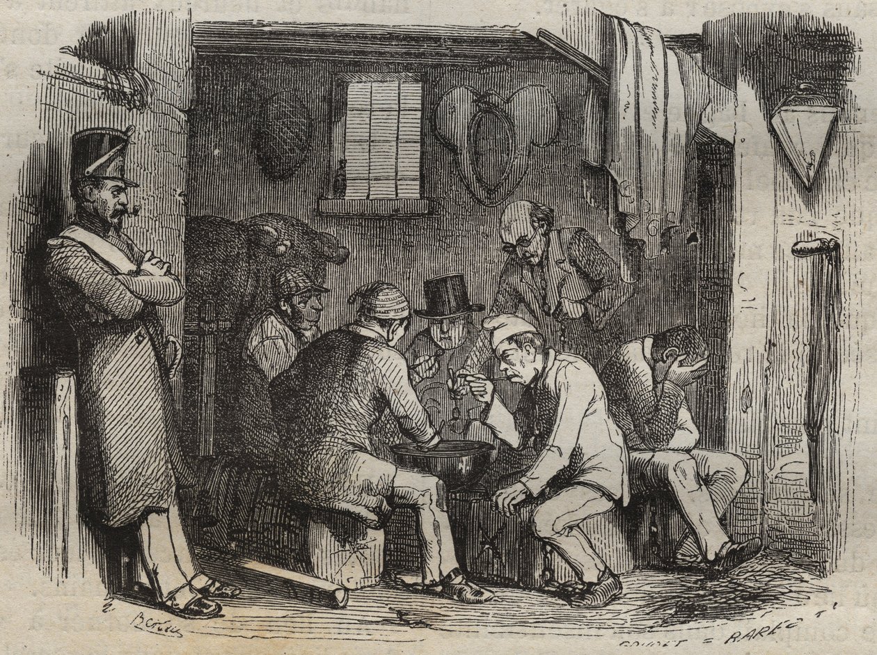 Refeição dos forcats no Rochefort Bagne, no século XIX. Gravura em "Histoire des bagnes depuis leur création à nos jours" (1877) de Pierre Zaccone (1817-1895) (Colonia Penale - colônia penal). Coleção particular. de Anonymous Anonymous