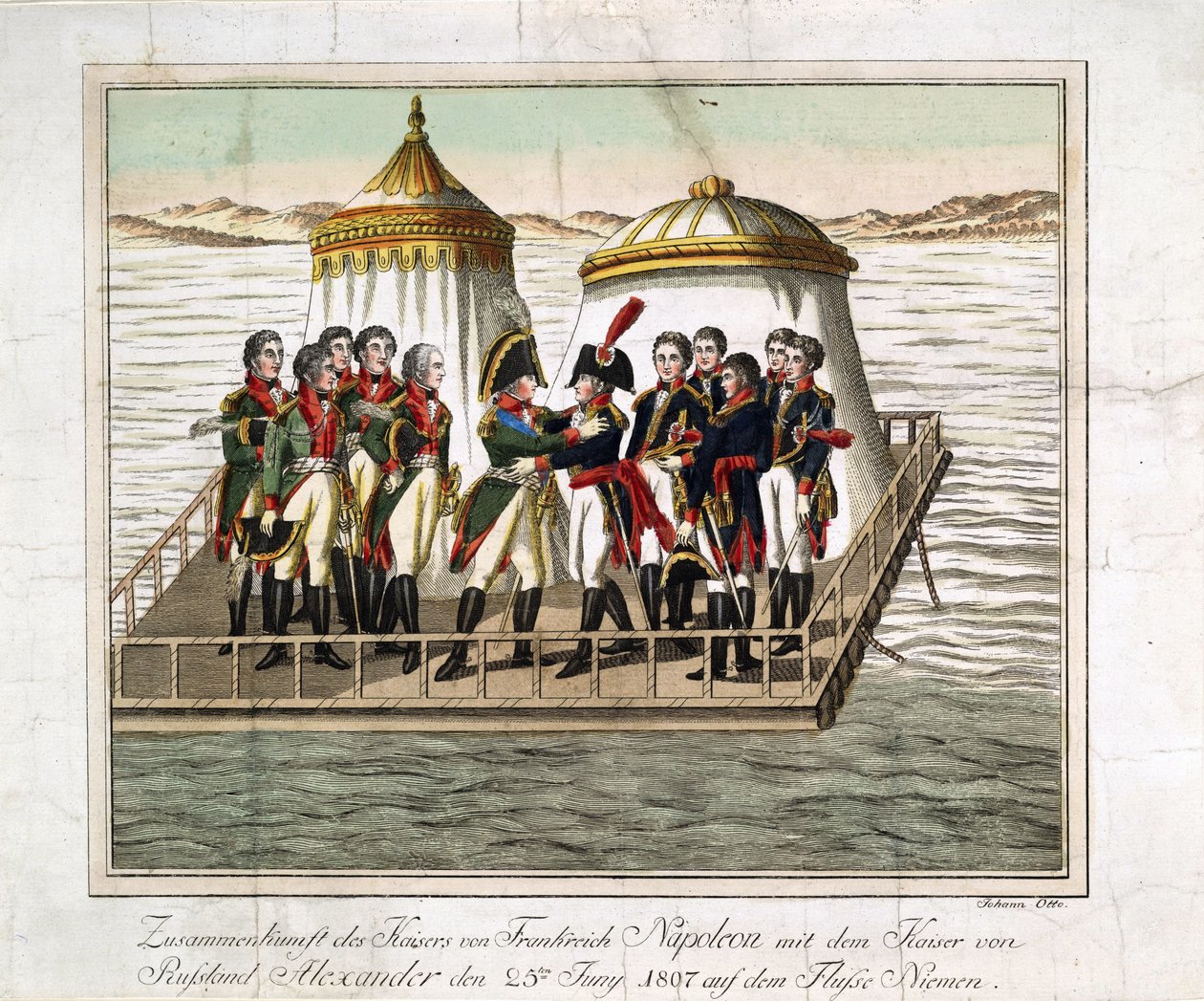Encontro dos Imperadores Alexandre I da Rússia e Napoleão I da França no Neman perto de Tilsit - Anônimo - 1807 - Gravura, aguarela - 29,7x39,7 - Coleção Privada de Anonymous Anonymous