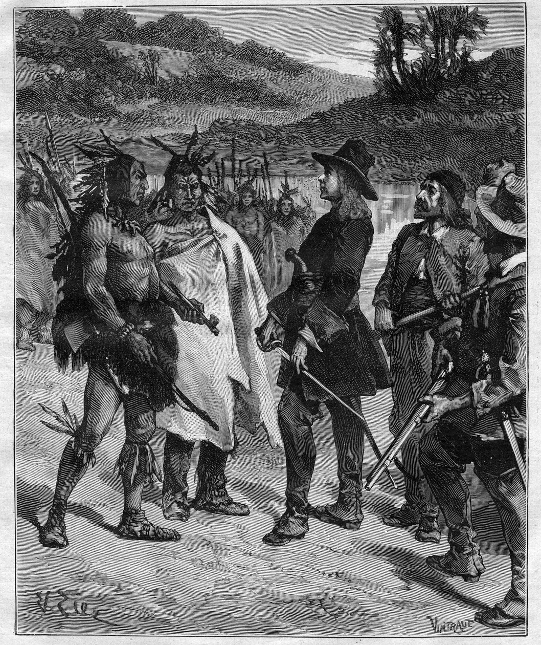 Encontro de Robert Cavelier de La Salle (1643-1687) com os índios da América perto do Lago Peoria gravada no "Journal des voyages" de 1889 de Anonymous Anonymous