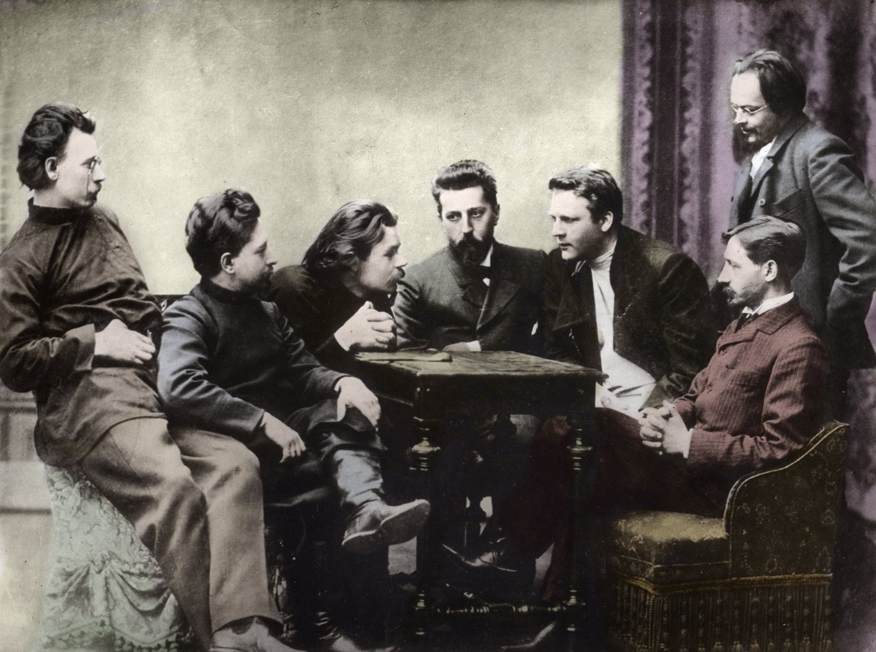 Membros do círculo literário Sreda, formado na segunda metade da década de 1890 por escritores russos realistas - Retratos de intelectuais russos do grupo literário Znanie: da esquerda para a direita, Andrei Skitalets (Stephan Gabrilovich Petrov), Leonid N de Anonymous Anonymous