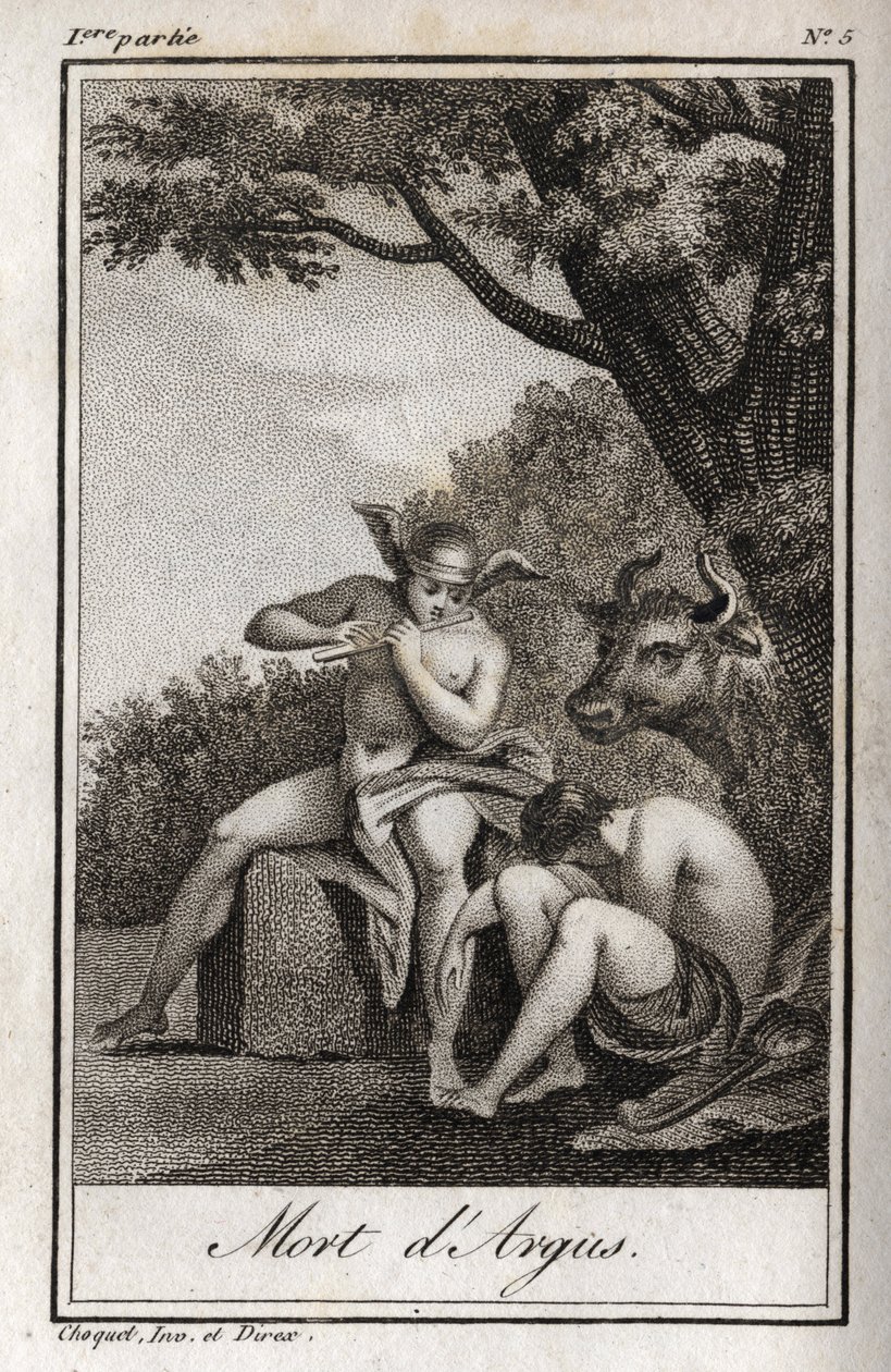 Mercúrio e Argus (Mercúrio e Argus). Morte de Argus: Mercúrio tocado pela flauta para adormecer Argus e deliciar a ninfa Io, transformada em vaca. Gravura de 1819 em "Lettres a Emilie sur la mythologie" de Charles Albert Demoustier (1760-1801). de Anonymous Anonymous