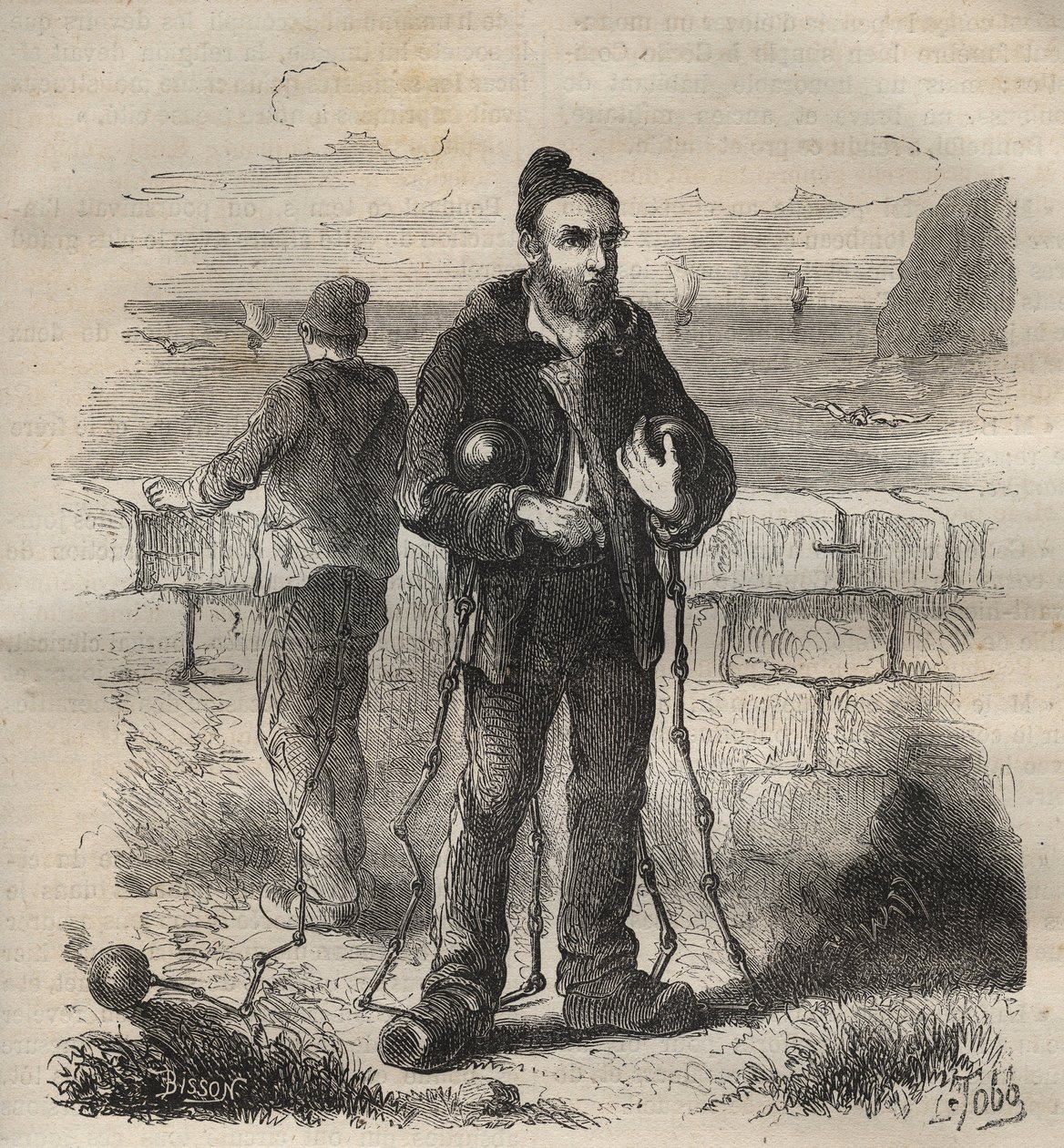 Militares condenados ao Bagne de Toulon no século XIX. Gravura em "Histoire des bagnes depuis leur création à nos jours" (1877) de Pierre Zaccone (1817-1895) (Colonia Penale - colônia penal). Coleção particular. de Anonymous Anonymous