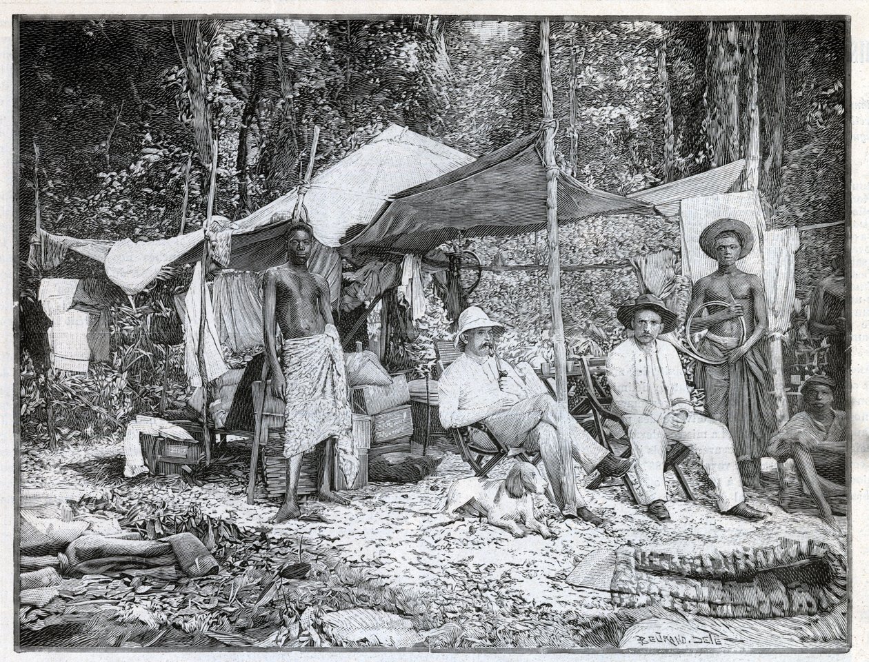 Missão do capitão francês Louis Gustave Binger (1856-1936): acampamento da missão em Afforenou, Costa do Marfim. Gravura em "Le monde illustree" de 1892. Coleção privada. de Anonymous Anonymous