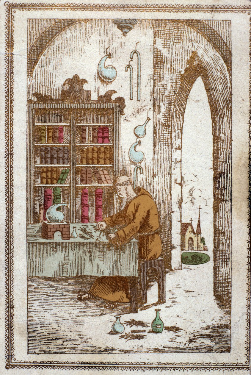 Monge preparando plantas para destilação. Gravura do século XIX. de Anonymous Anonymous