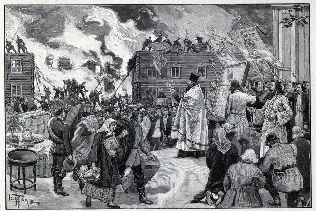 Moscovo, fogo no subúrbio de Kaluga: o clero ortodoxo apresentando as Imagens Sagradas (Holy Images) numa tentativa de proteger a cidade e os bombeiros que combatem o fogo. Gravura em "Le monde illustree" de 1892. Coleção particular. de Anonymous Anonymous