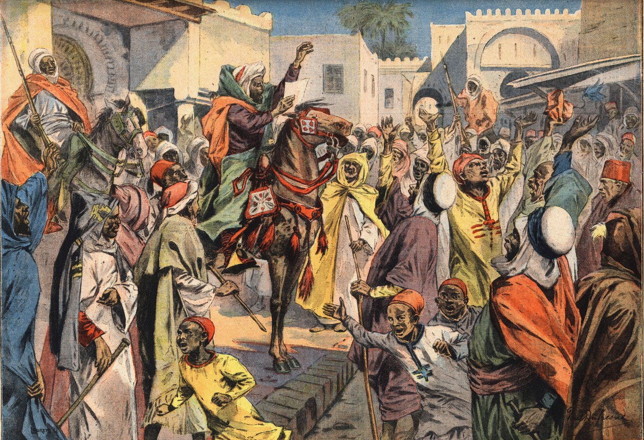 Mouley Hafid (Moulay-Hafid) proclama Sultão a Fez: os críticos públicos anunciam a proclamação à multidão. Gravura do jornal "Le Petite Parisien", 26/01/1908. Coleção privada. de Anonymous Anonymous