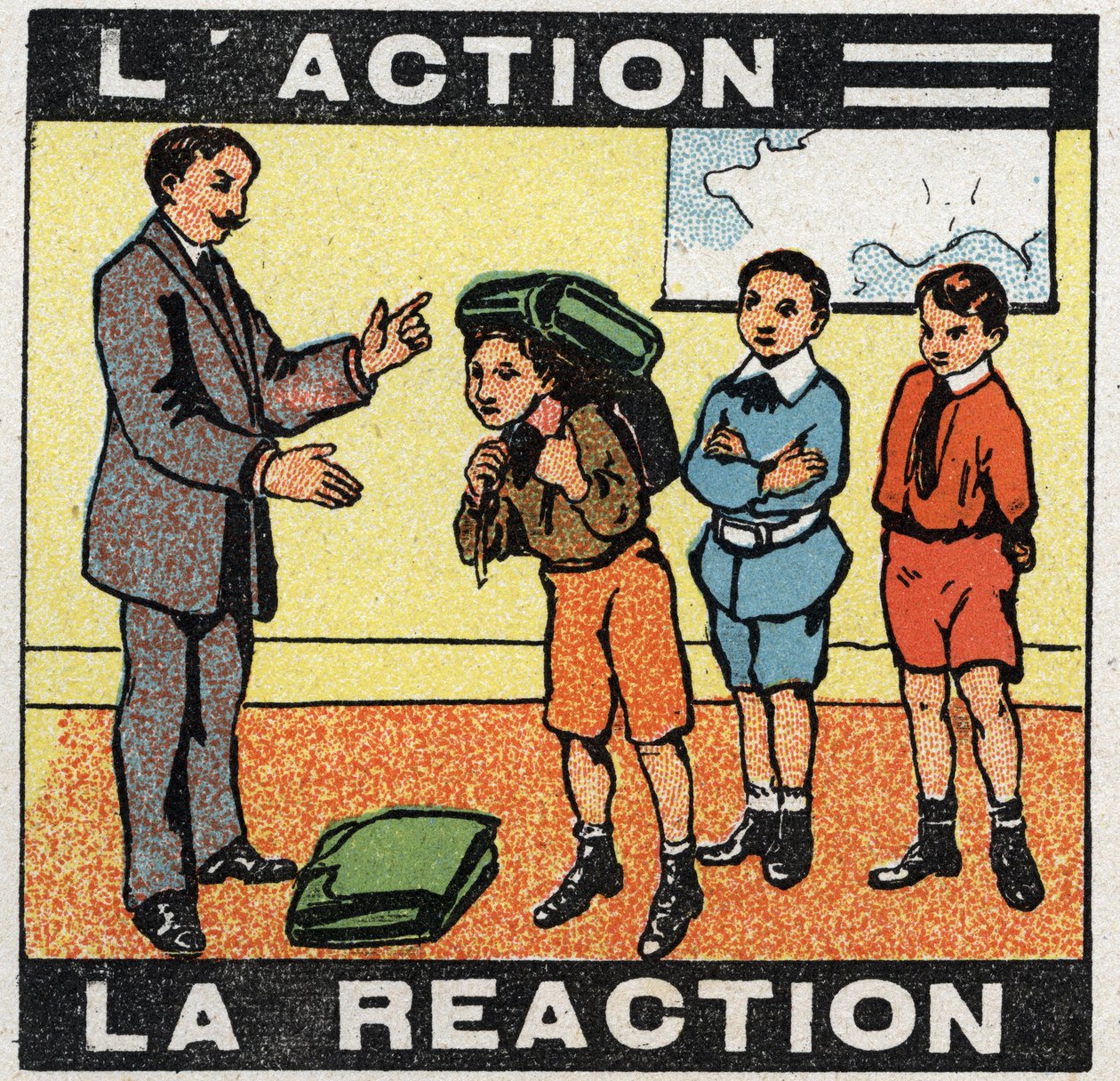 Movimentos: ação, reação. Um rapaz a usar a sua mala. Ilustração anónima de 1925. Colecção privada. de Anonymous Anonymous