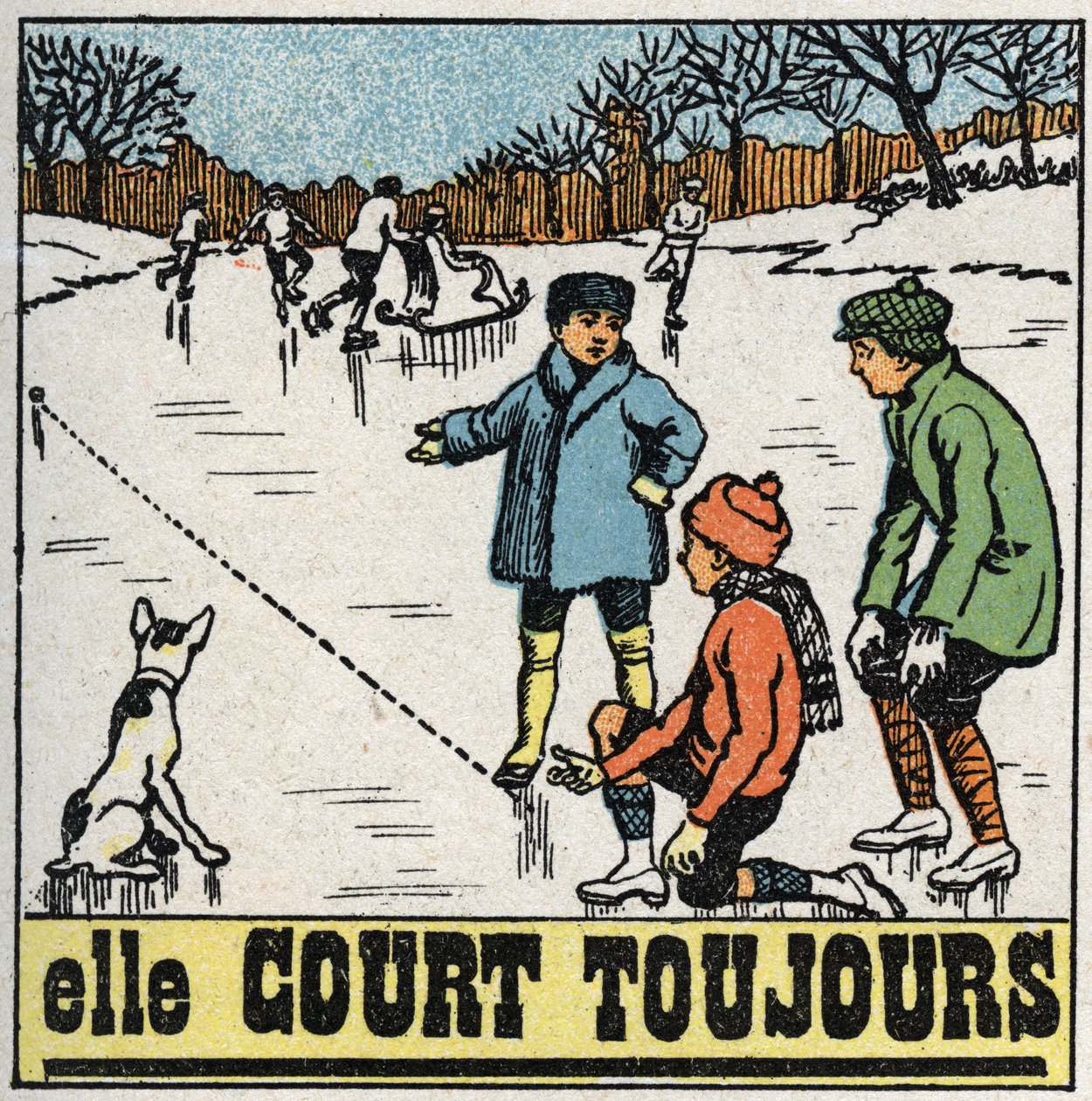 Movimentos: crianças jogando bolas no gelo gelado de um lago no inverno. Ilustração anónima de 1925. Colecção privada. de Anonymous Anonymous