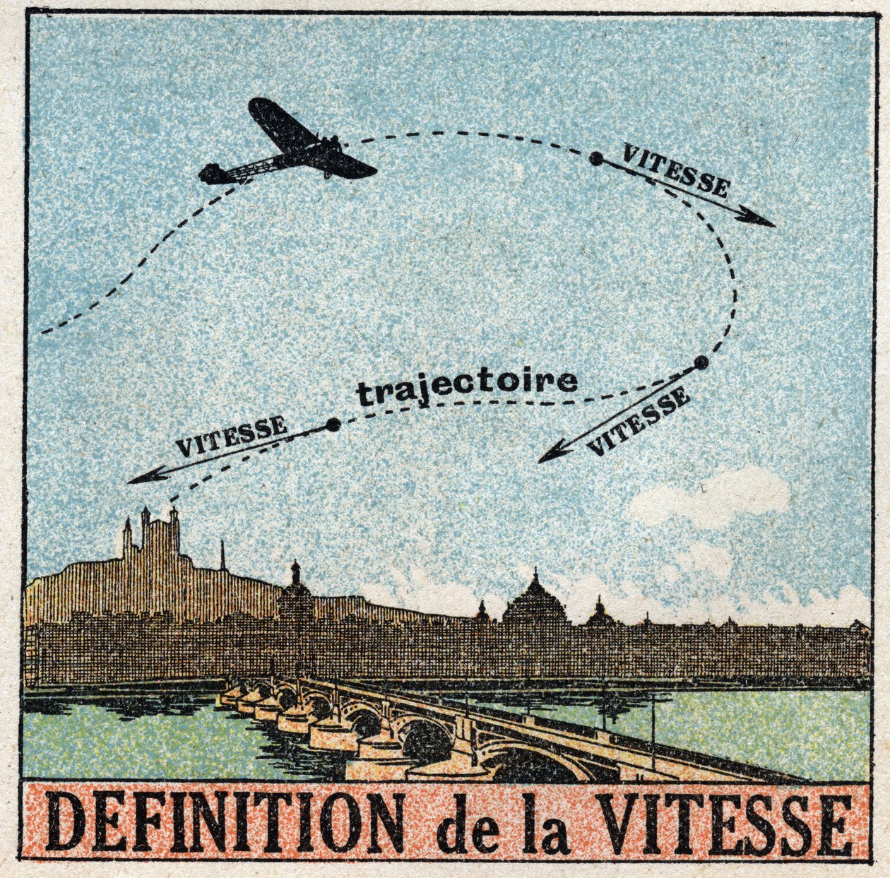 Movimentos: definição de velocidade. Um avião que sobrevoa uma cidade. Ilustração anónima de 1925. Coleção privada. de Anonymous Anonymous