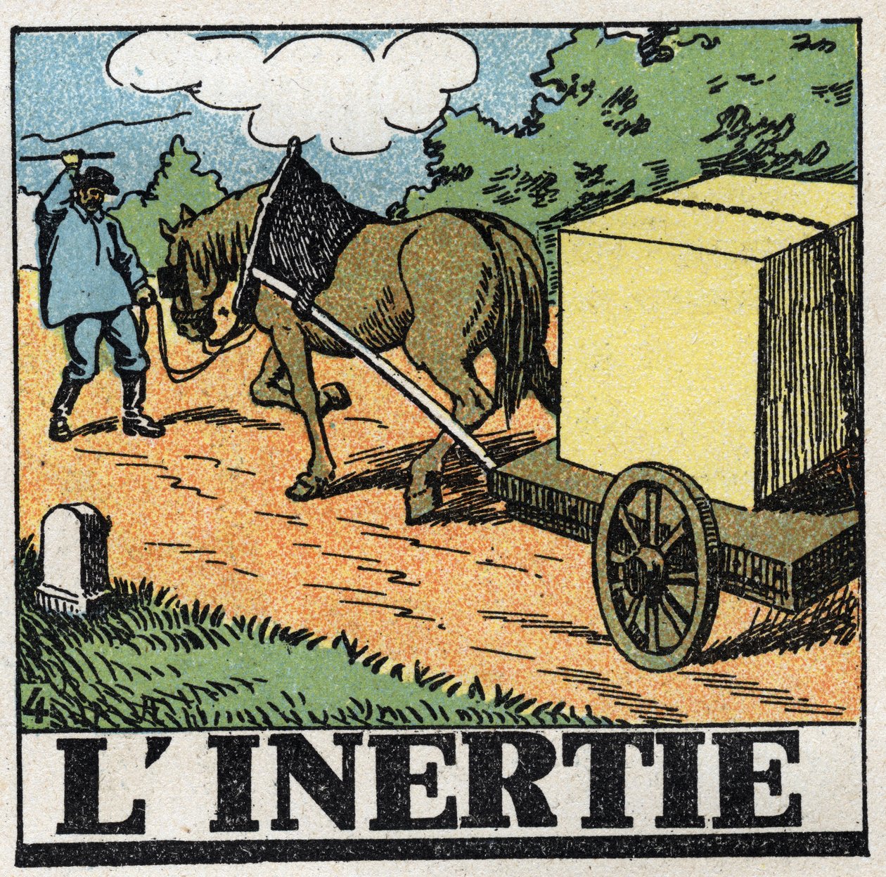 Movimentos: inércia. Um carter a dar chicotadas para mover o seu cavalo para a frente. Ilustração anónima de 1925. Colecção privada. de Anonymous Anonymous
