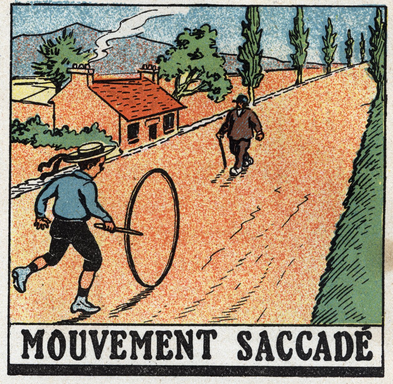 Movimentos: movimento de sacudir. Uma criança a brincar com um aro. Ilustração anónima de 1925. Coleção privada. de Anonymous Anonymous