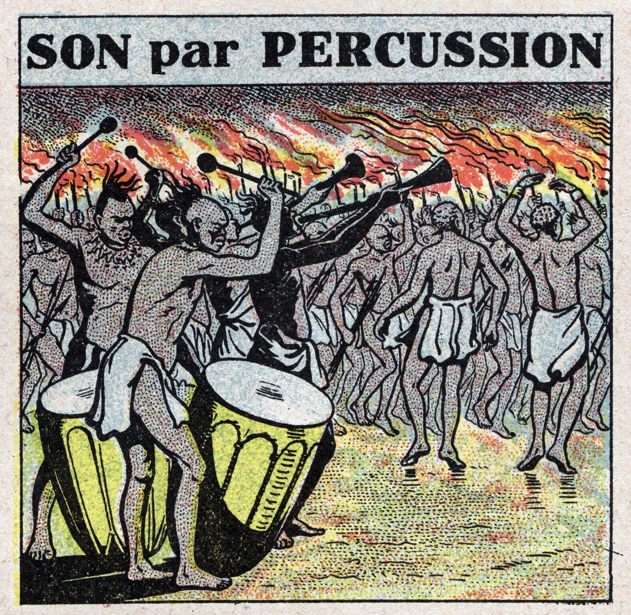 Instrumentos musicais: tocadores de percussão de uma aldeia africana. Ilustração anónima de 1925. Colecção privada. de Anonymous Anonymous