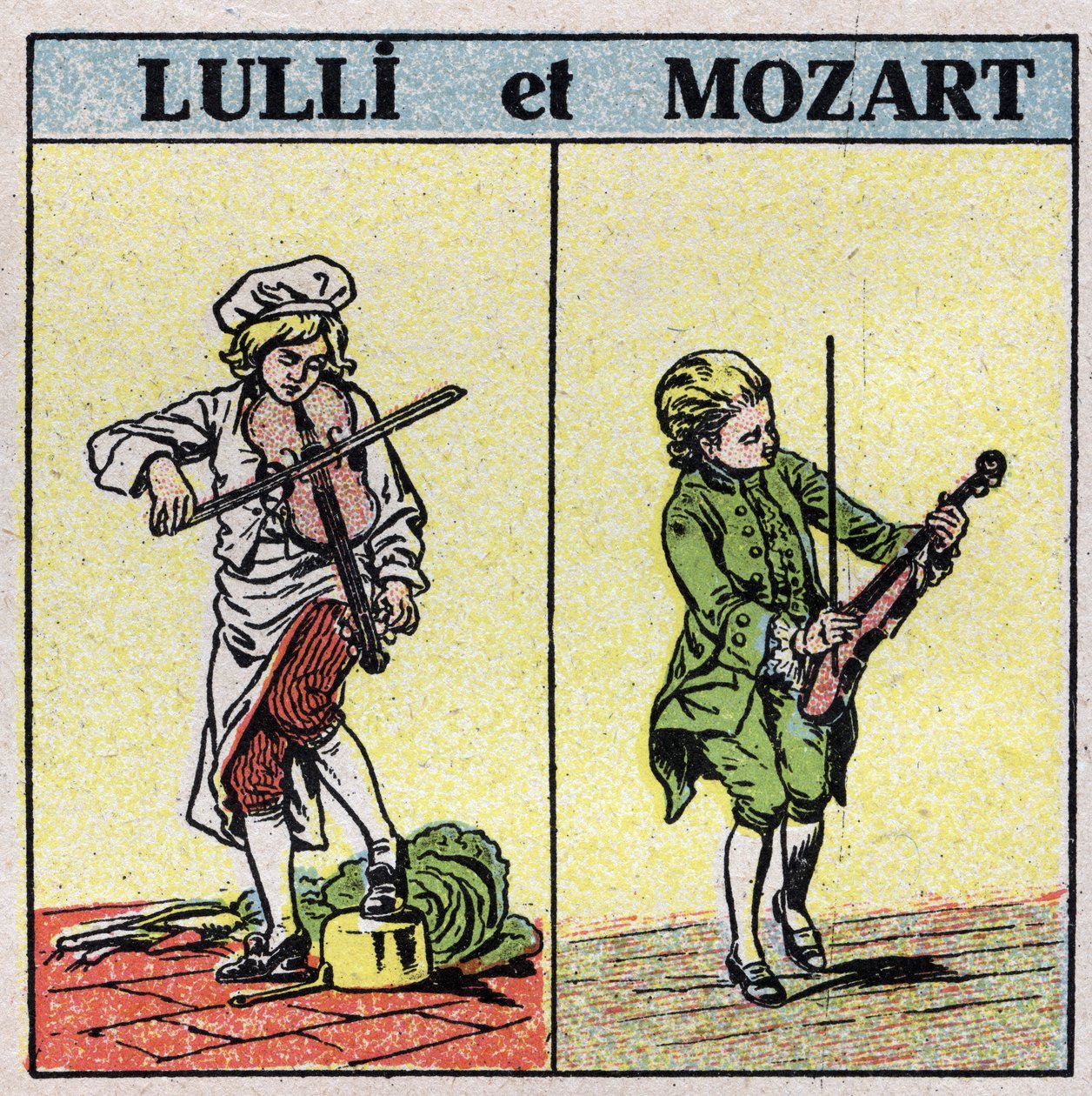 Instrumentos musicais: instrumentos de corda esfregados. Jean Baptiste Lully (Giovanni Battista Lulli) (1632-1687) e Wolfang Amadeus Mozart (1756-1791) tocando violino. Ilustração anônima de 1925. Coleção particular. de Anonymous Anonymous