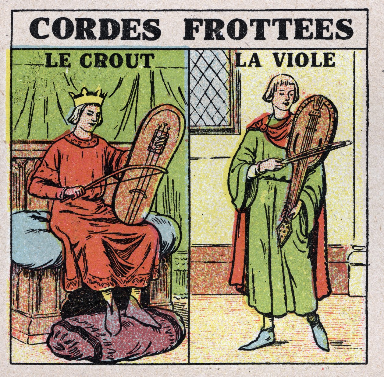 Instrumentos musicais: instrumentos de corda esfregados. Tocadores de crout e estupros na Idade Média. Ilustração anónima de 1925. Colecção privada. de Anonymous Anonymous