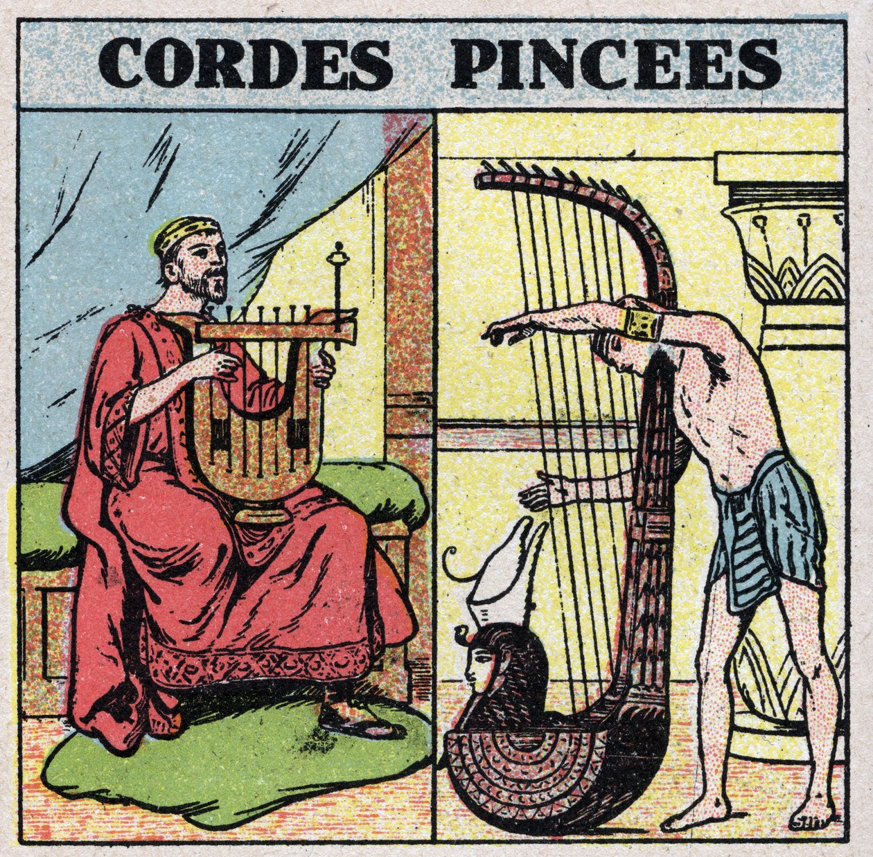 Instrumentos musicais: instrumentos de corda grampeados. Tocadores de lira e harpa em Antiquite. Ilustração anónima de 1925. Coleção particular. de Anonymous Anonymous