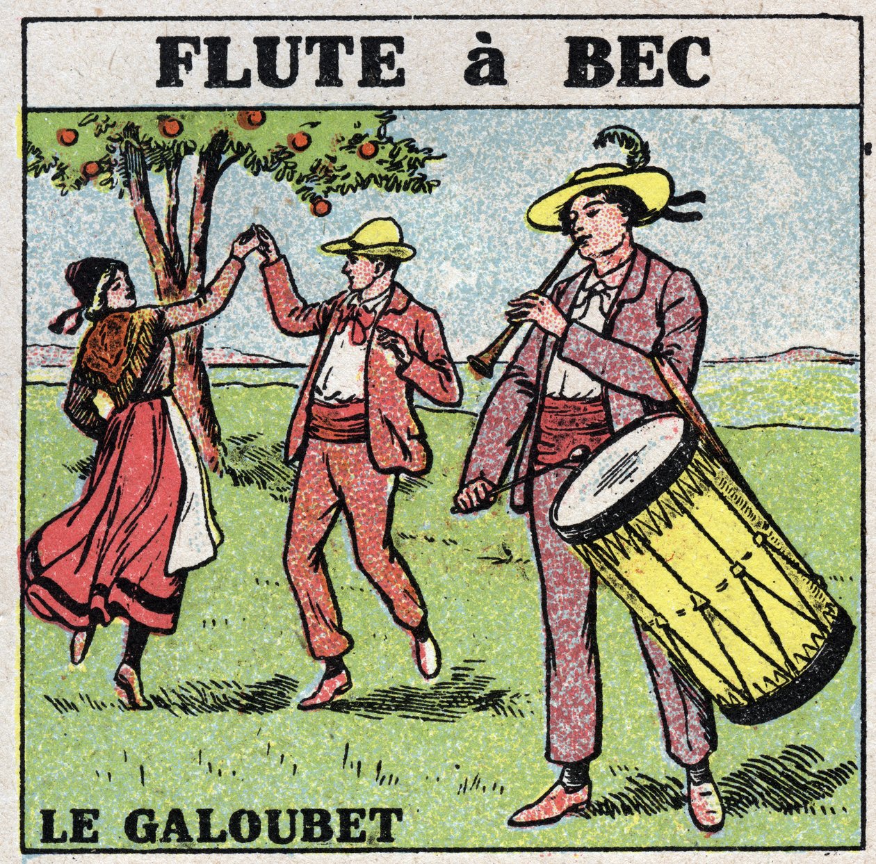 Instrumentos musicais: instrumentos de sopro. Galubet player (flauta um bico). Ilustração anónima de 1925. Coleção particular. de Anonymous Anonymous
