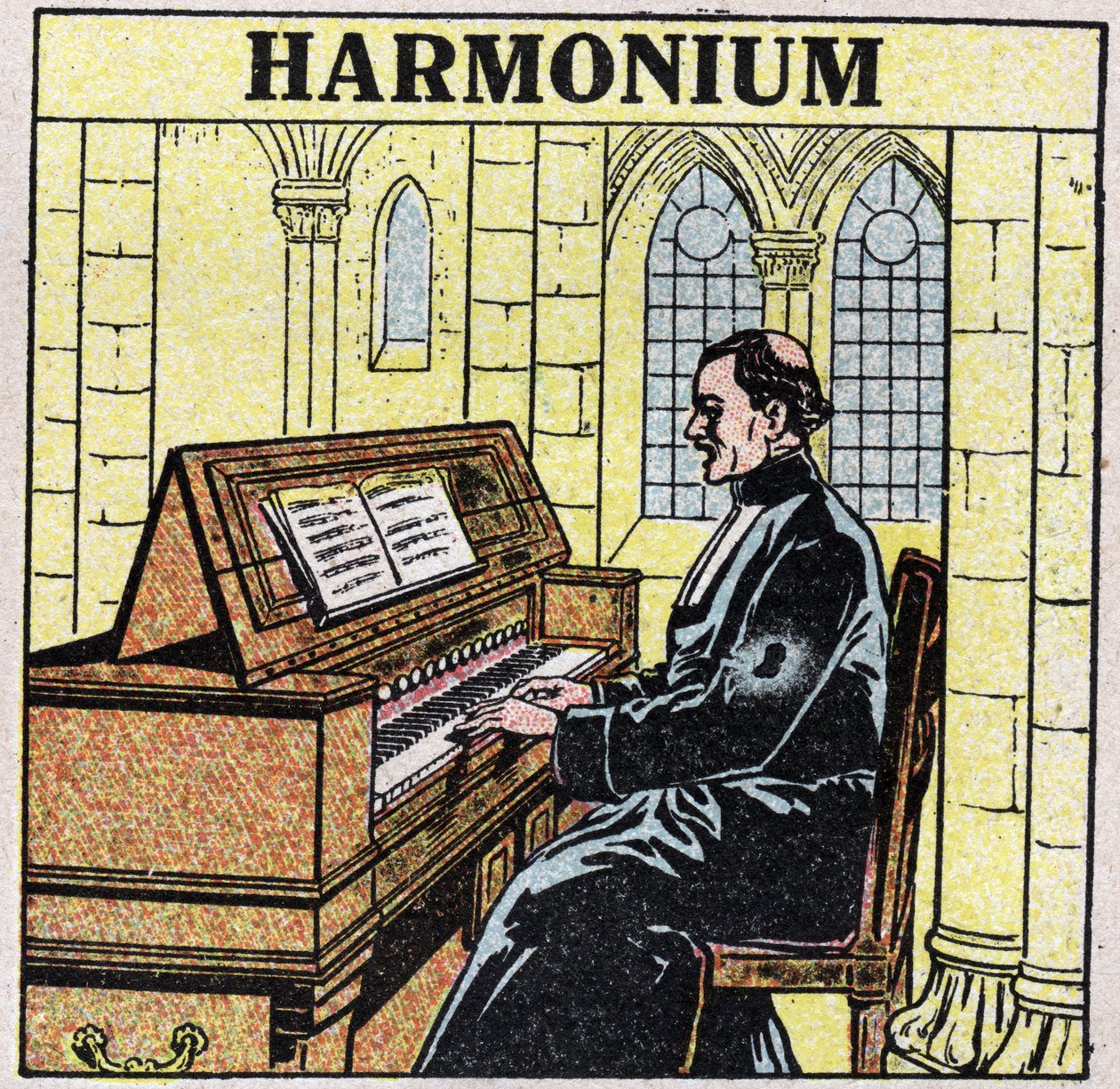 Instrumentos musicais: instrumentos de sopro na anca. Tocador de harmônio em uma igreja. Ilustração anónima de 1925. Coleção particular. de Anonymous Anonymous