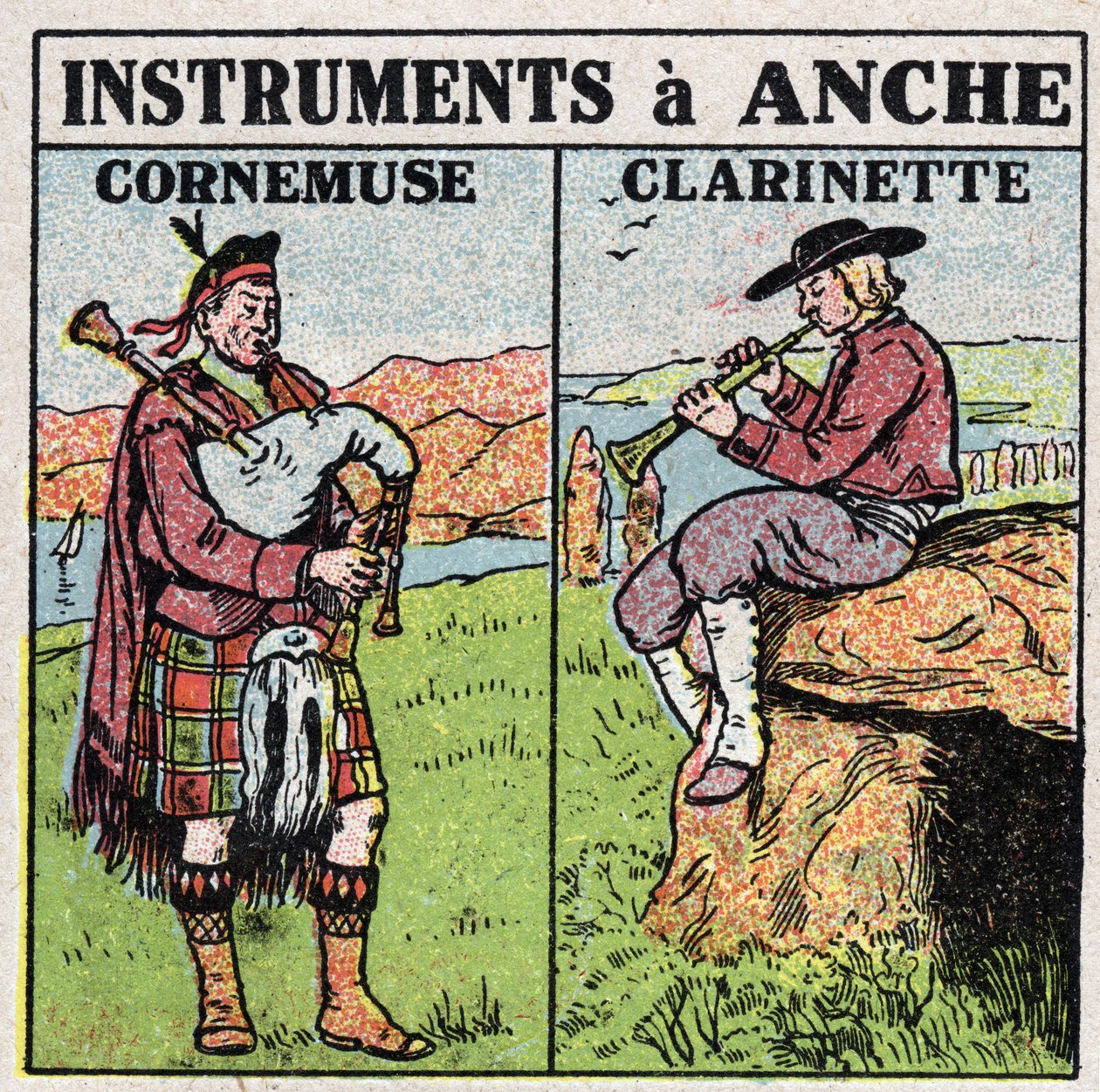 Instrumentos musicais: instrumentos de sopro na anca. Cachimbos e clarinetistas. Ilustração anónima de 1925. Colecção privada. de Anonymous Anonymous