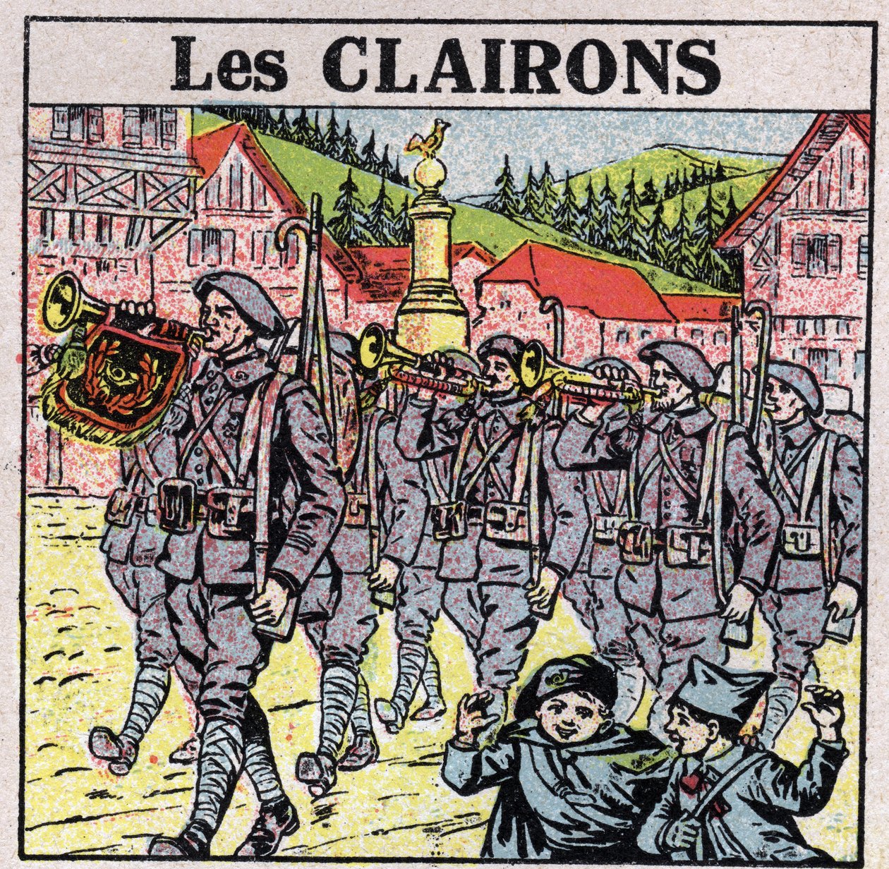 Instrumentos musicais: instrumentos de sopro com boca de frasco. Tocadores de corneta durante uma corrida militar. Ilustração anónima de 1925. Coleção particular. de Anonymous Anonymous