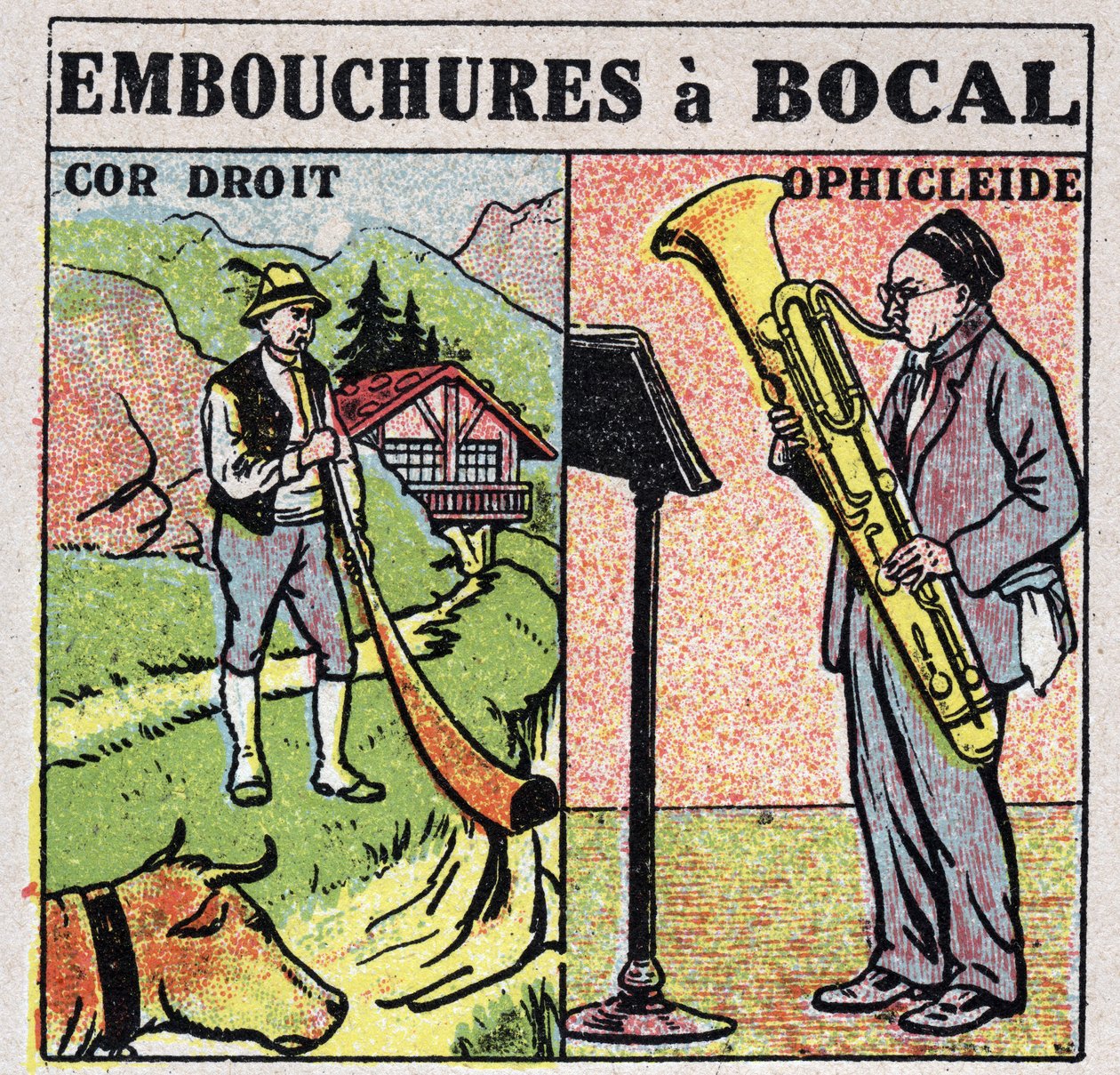 Instrumentos musicais: instrumentos de sopro com boca de frasco. Trompa rectos e tocadores de ophicleide. Ilustração anónima de 1925. Coleção particular. de Anonymous Anonymous