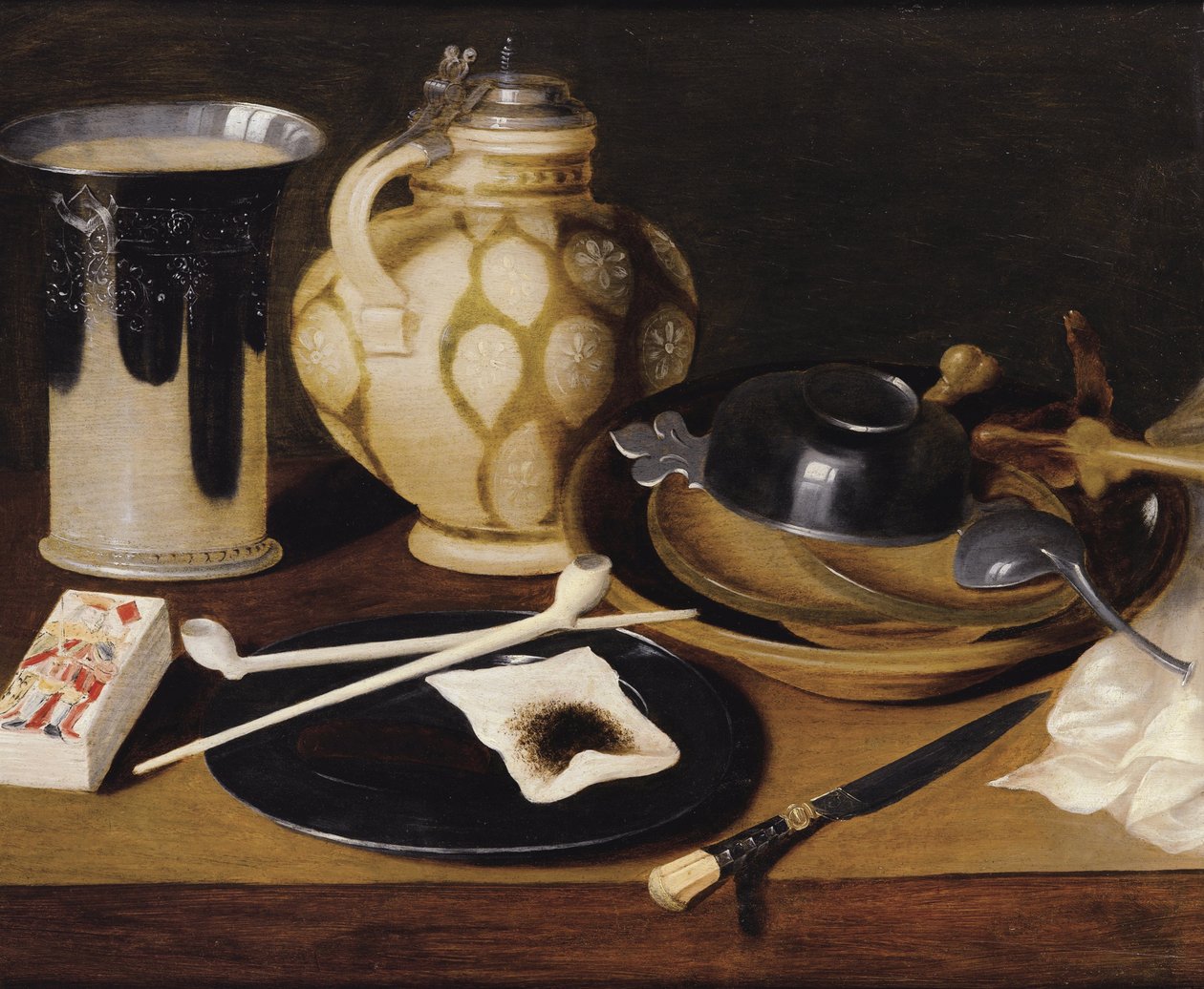 "Nature morte a la pipe, au roi de carreau, couteau et pichet" (Natureza morta a la pipe, au roi de carreau, couteau et pichet) Peinture anonyme vers 1650 Oil on wood, Dim 52x64 cm Private Collection de Anonymous Anonymous