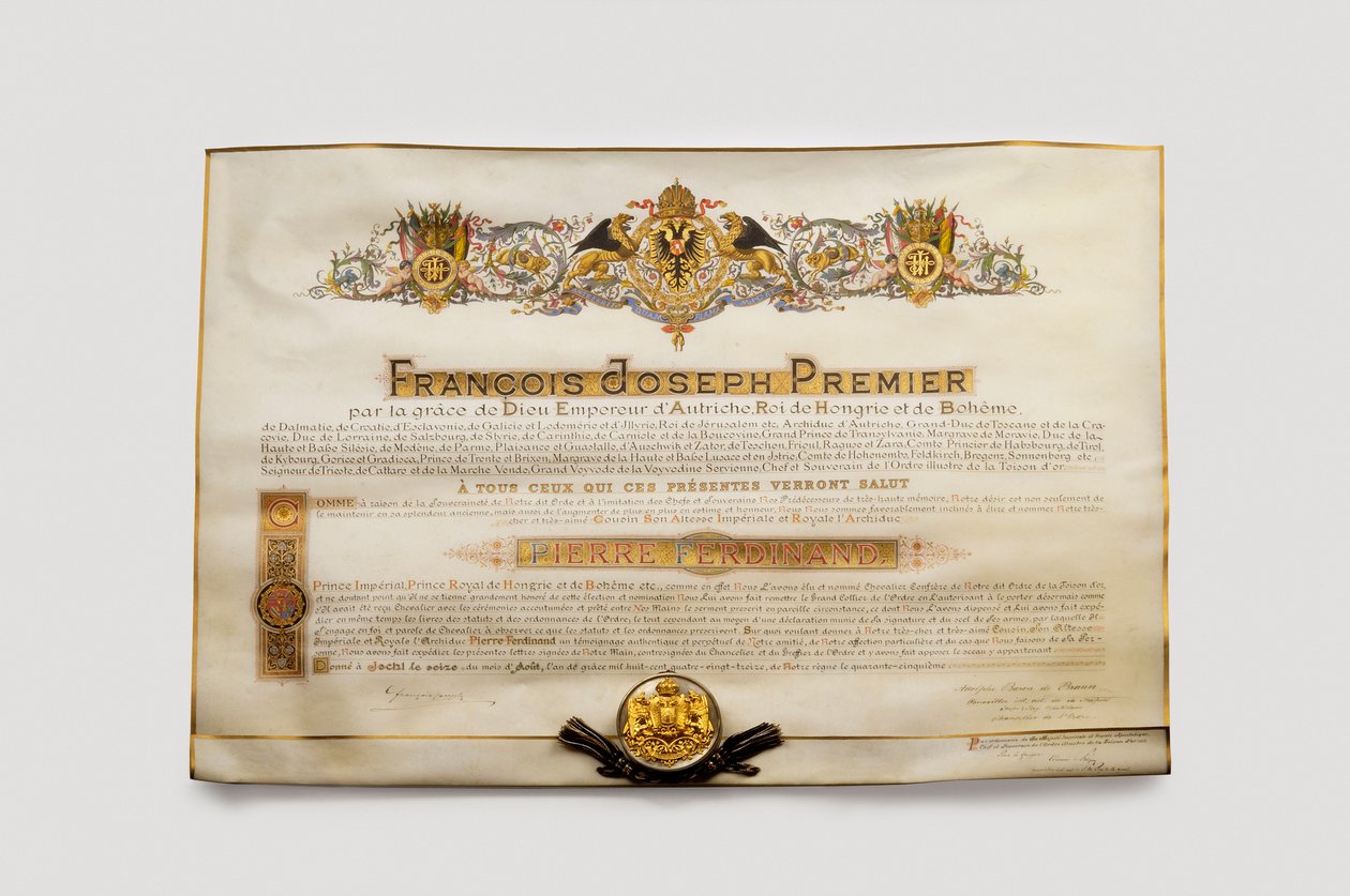 Ordem do Velo de Ouro: O Velo de Ouro austríaco - Diploma de admissão à Ordem do Velo de Ouro por Pierre Ferdinand (Pierre-Ferdinand) (1874-1948), Arquiduque da Áustria de Anonymous Anonymous